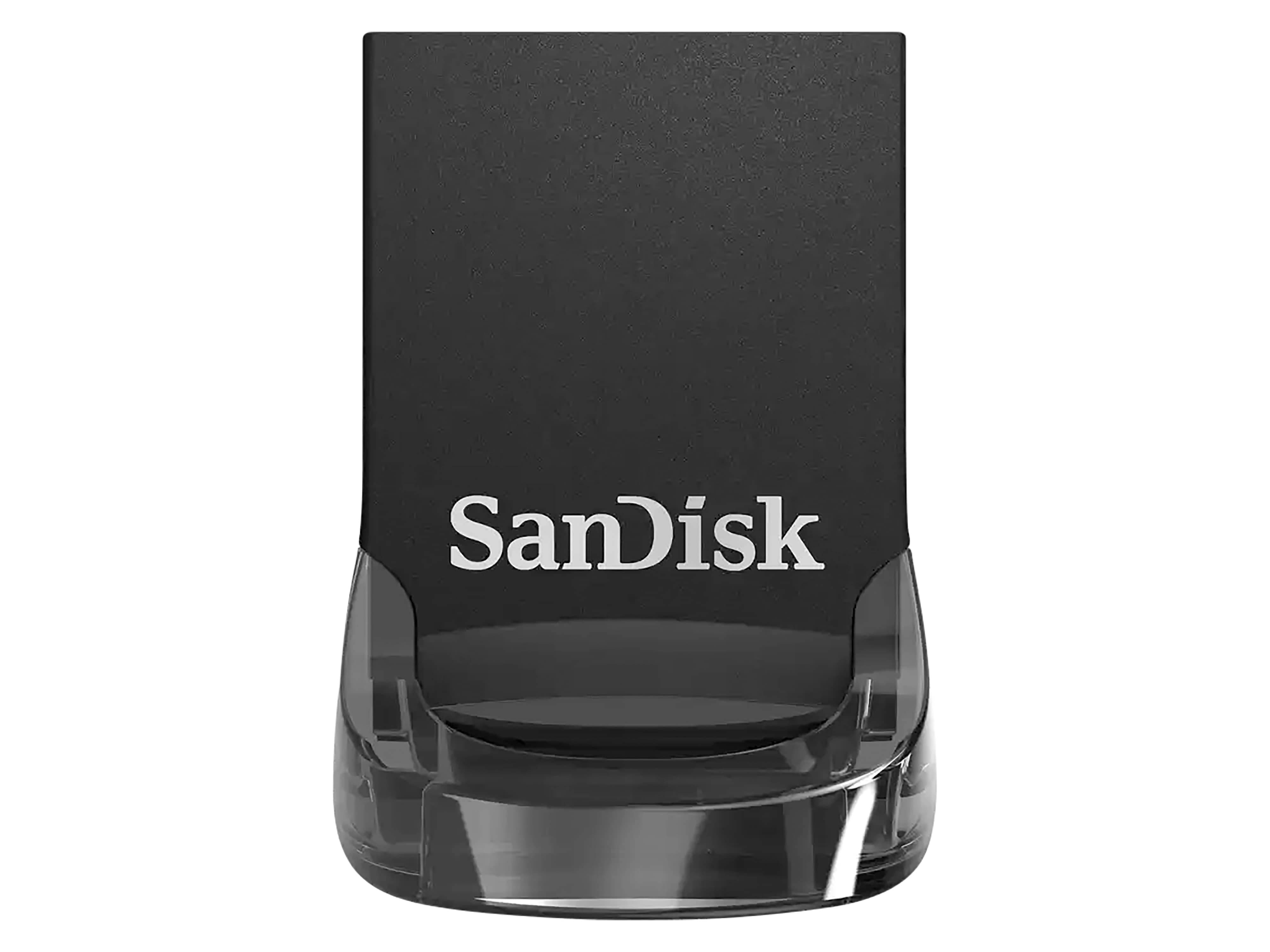 SanDisk USB-Stick mit kompaktem, schwarzem Design und Logo auf der Vorderseite, geeignet für Datenspeicherung und -übertragung.