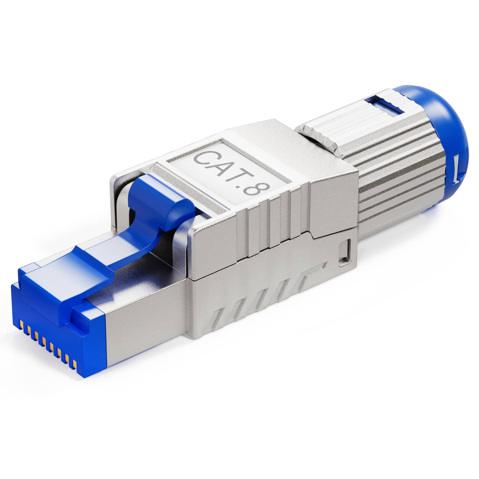 Ein silber- und blauanschluss Cat-8-Ethernetkabelstecker mit Metallgehäuse und Verriegelung, der für die Hochgeschwindigkeitsdatenübertragung verwendet wird.