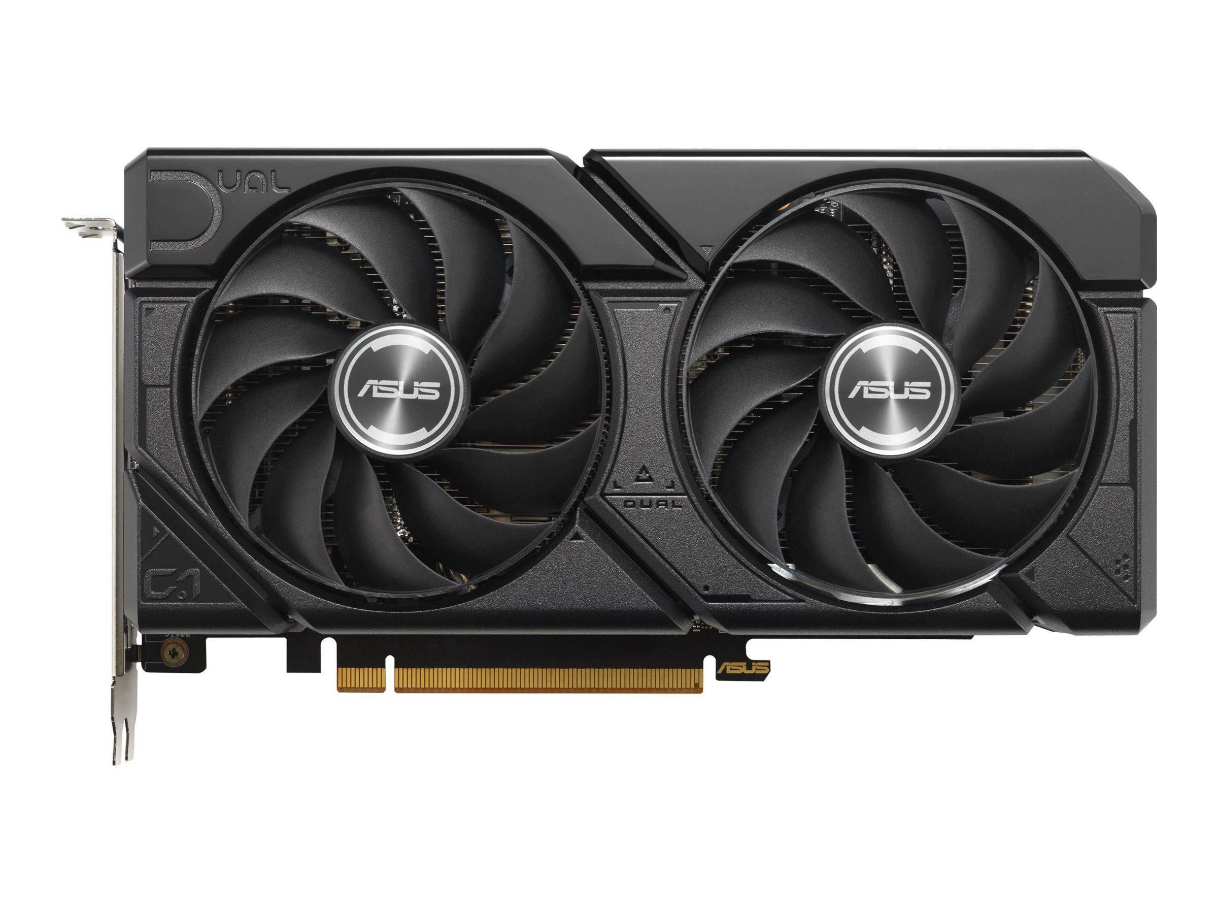 ASUS Dual-Lüfter-Grafikkarte von vorne gezeigt, mit zwei großen Kühlungslüftern und einem goldenen PCIe-Anschluss auf weißem Hintergrund