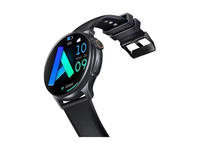 Eine schlanke schwarze Smartwatch, die die Zeit '10:09', das Datum 'Mi 06', die Temperatur '24°C' und die Schritte '10349' mit einem leuchtenden Buchstaben 'A' anzeigt.