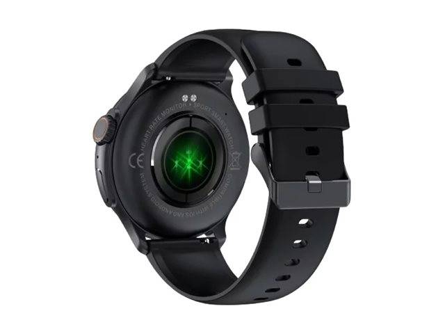 Das Bild zeigt die Rückseite einer schwarzen Smartwatch mit einem Herzfrequenzmesser und Sensor, der ein grün leuchtendes Licht ausstrahlt, sowie einem schwarzen Armband.