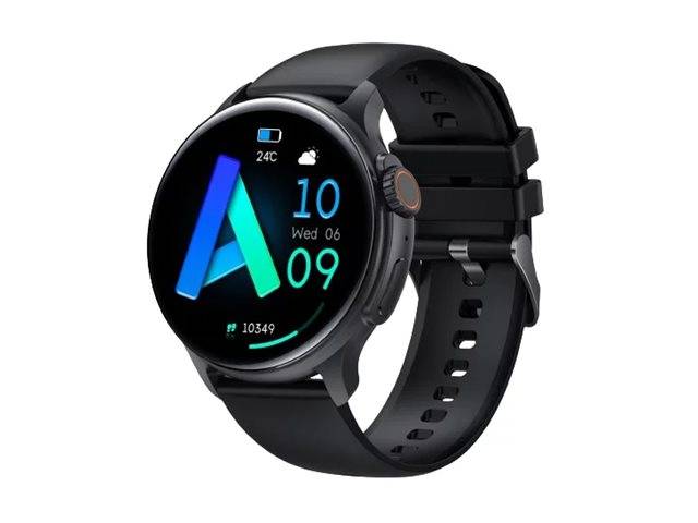 Eine elegante schwarze Smartwatch, die eine farbenfrohe digitale Oberfläche mit der Uhrzeit '10:09', dem Datum 'Mi 06', der Schrittzahl '10349' und der Temperatur '24°C' anzeigt.
