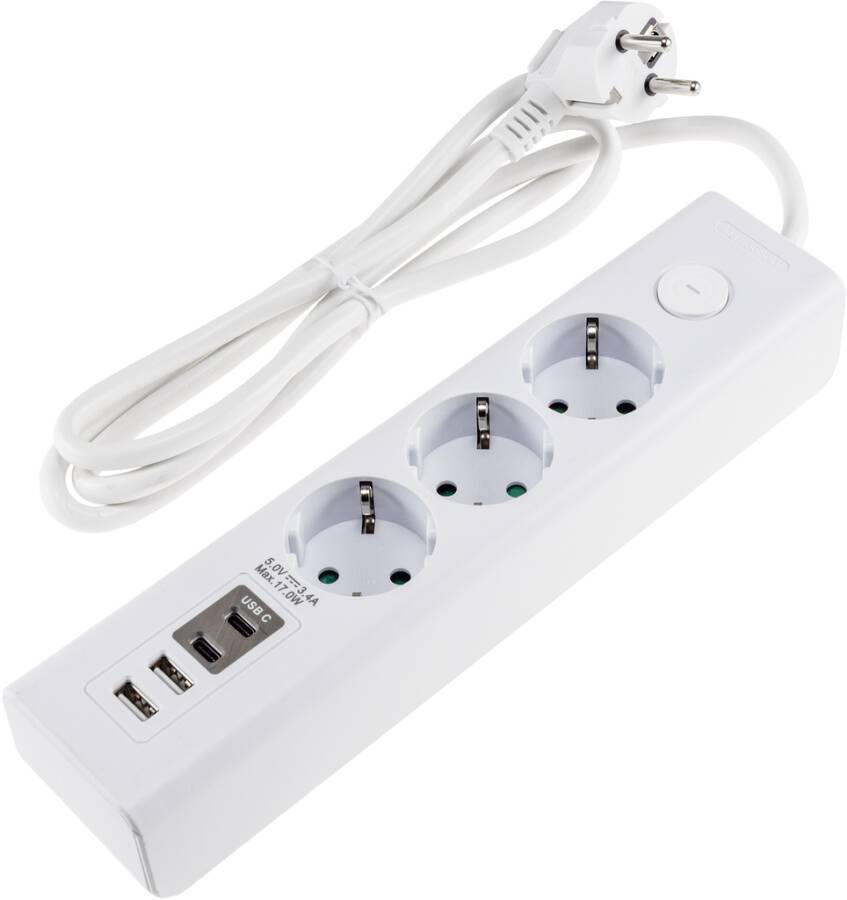 Steckdosenleiste mit USB-A & USB-C 23753 Farbe weiß Ausführung Steckdosenleiste Zuleitung H05VV-F Länge 1,5 m Steckdose