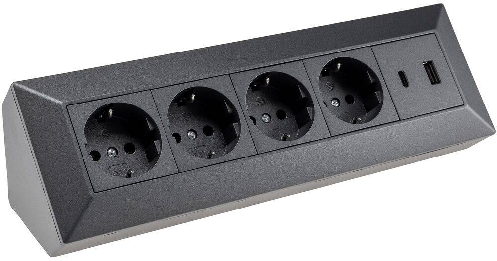 ChiliTec 23791 4-fach Steckdosenblock, USB-A+C, anthraz 250V~/ 16A, Aufbaumontage, USB 3,1A, PD