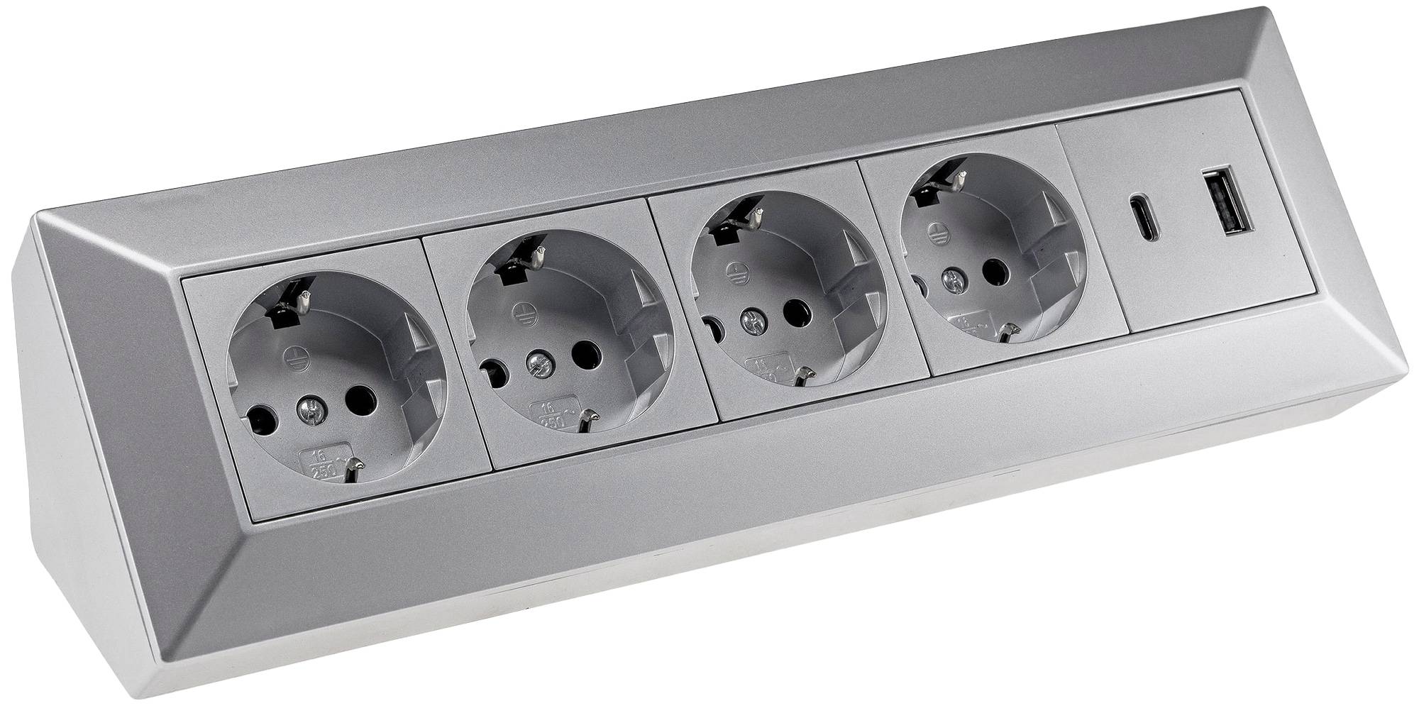 ChiliTec 23789 4-fach Steckdosenblock, USB-A+C, silber 250V~/ 16A, Aufbaumontage, USB 3,1A, PD
