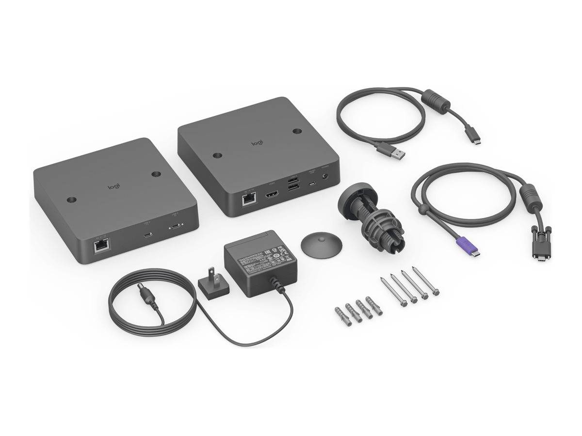 Zwei schwarze elektronische Hub-Geräte mit Kabeln, Netzteil, Montagezubehör und Schrauben auf weißem Hintergrund.