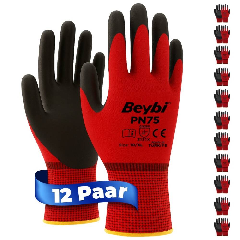 12 Paar Arbeitshandschuhe, Polyester, Rot und Schwarz