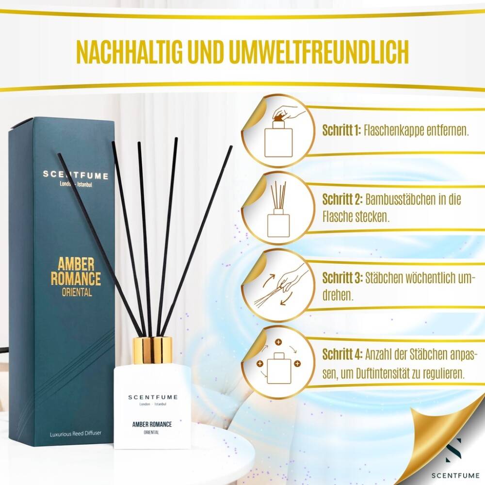 SCENTFUME Raumduft mit Duftstäbchen, Amber, Moschus, Vanillenoten, 110 ml