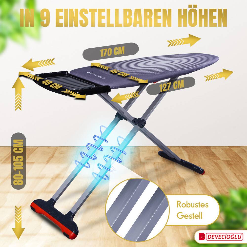 Bügelbrett 46x127 cm, höhenverstellbar, rutschfest, für Dampfbügelstation, Ironing Board
