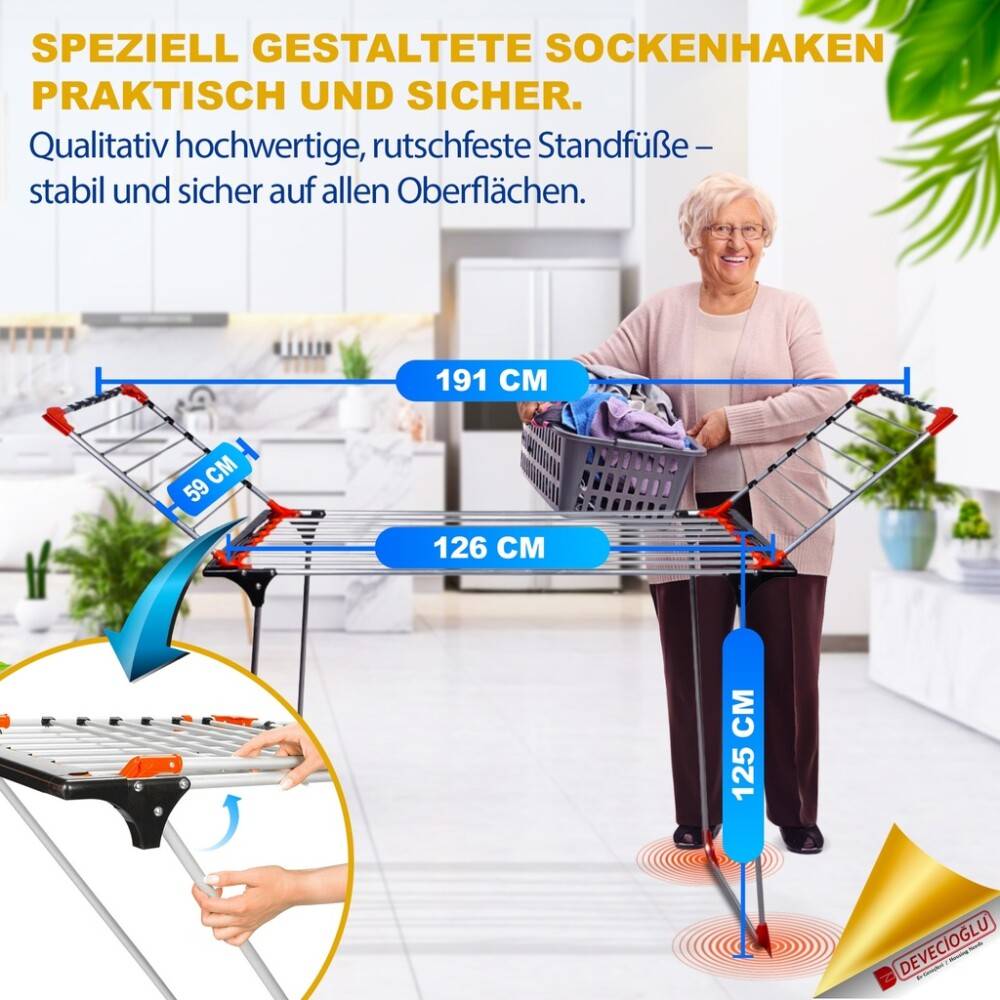 Devecioğlu Flügelwäschetrockner, Klappbar, 22m Trockenlänge, Standtrockner