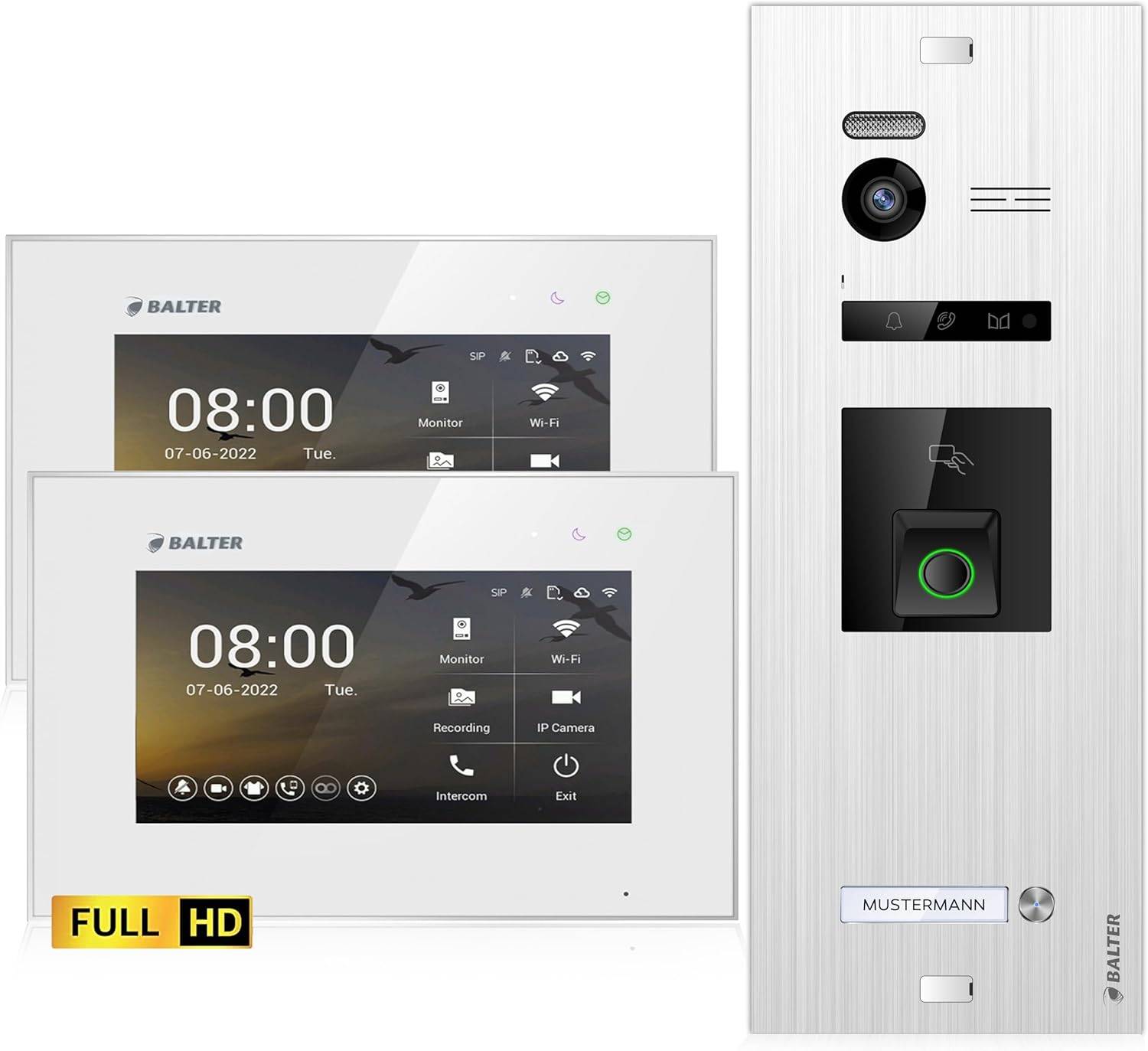 Balter EVO-HD Video Türsprechanlage mit Fingerprint, Video Türklingel, 1 Familienhaus, 2X 7 Zoll Monitore, Türklingel mit Kamera Full HD, 2 Draht