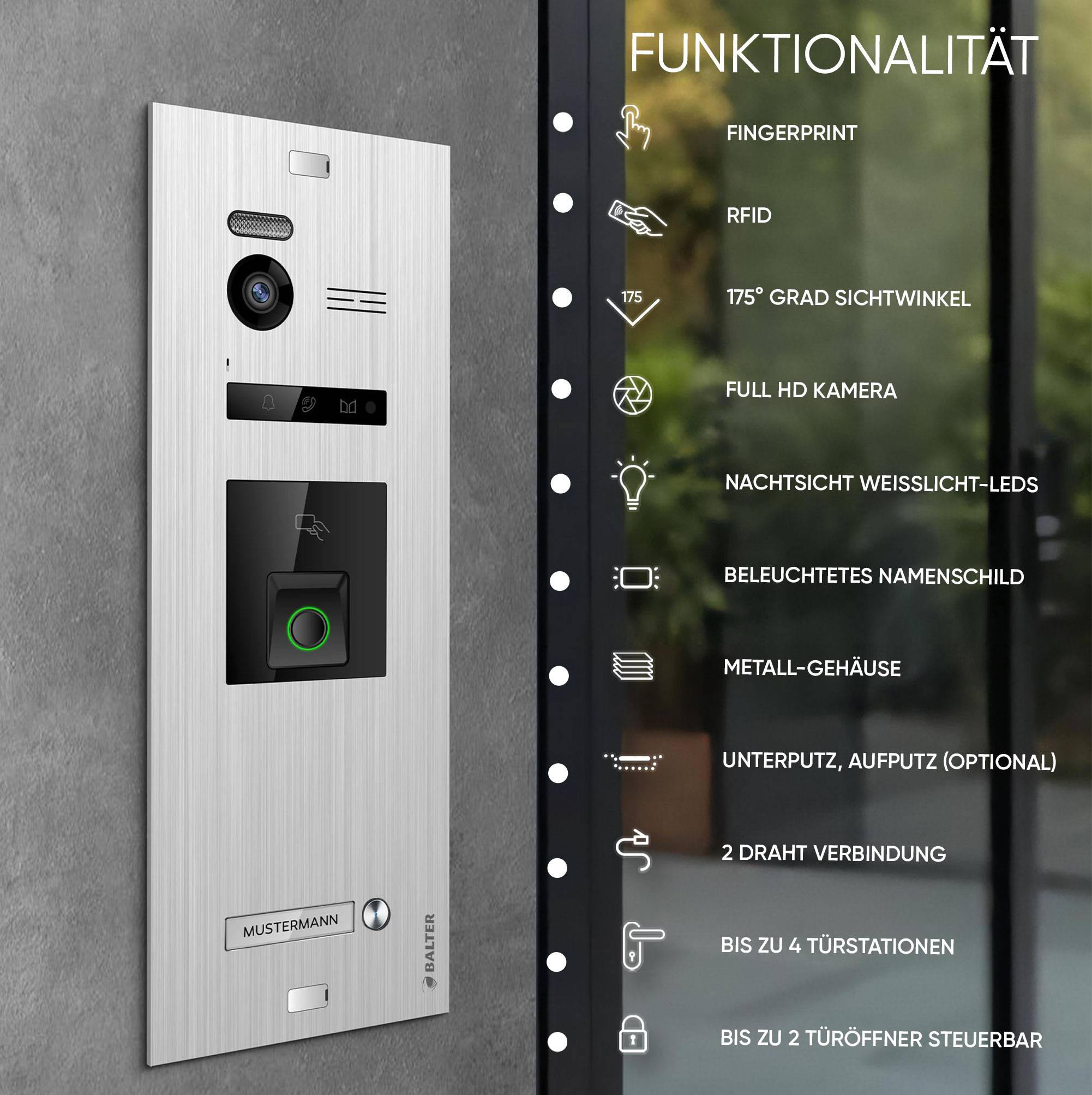 HD Video Türsprechanlage mit Fingerprint RFID und Smartphone App für 1 Familienhaus, 4x Monitore, Balter EVO HD Fingerprint