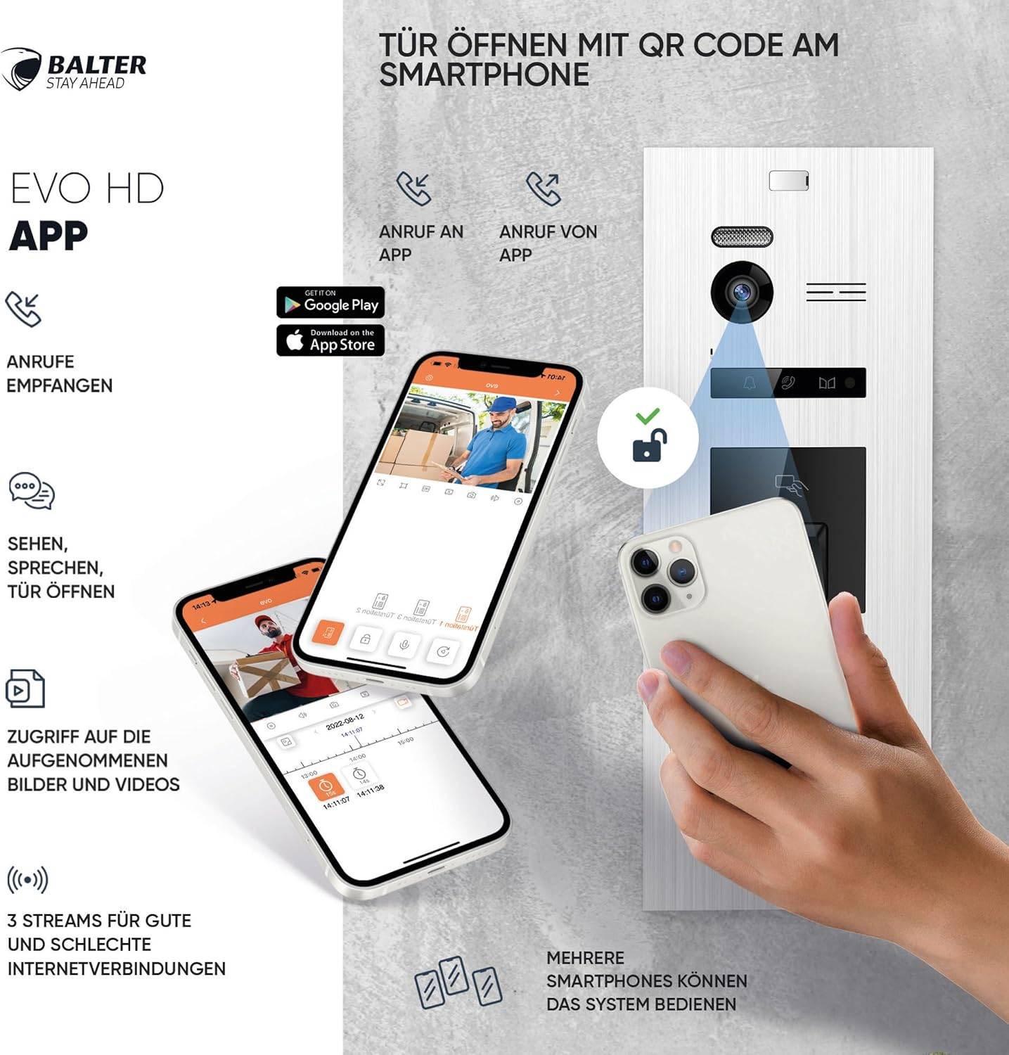 Balter EVO-HD Video Türsprechanlage mit Fingerprint, Video Türklingel, Smartphone App,1 Familienhaus, 4X 7 Zoll Monitore, Türklingel mit Kamera Ful