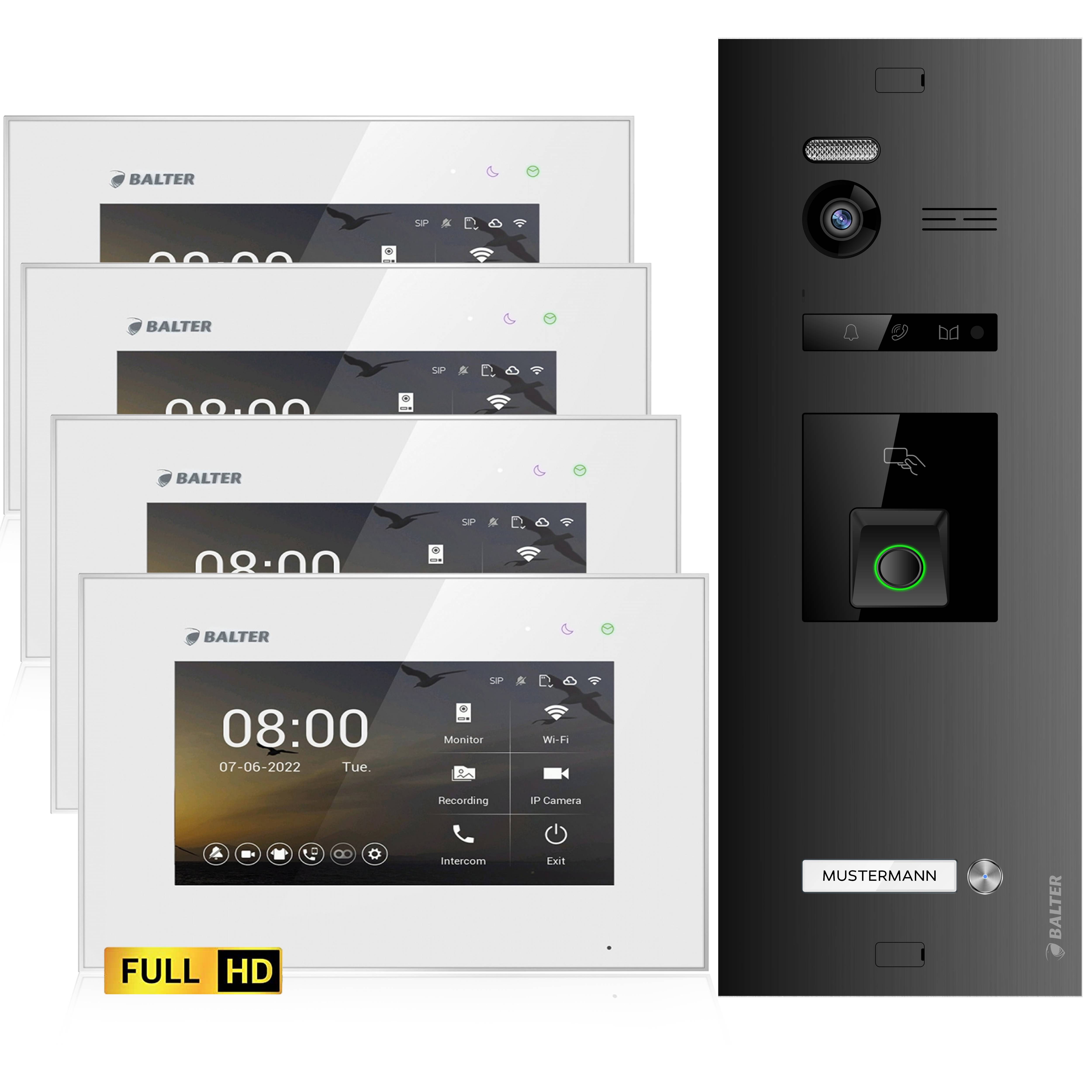 Balter EVO-HD Video Türsprechanlage mit Fingerprint, Video Türklingel, 1 Familienhaus, 4X 7 Zoll Monitore, Türklingel mit Kamera Full HD, 2 Draht
