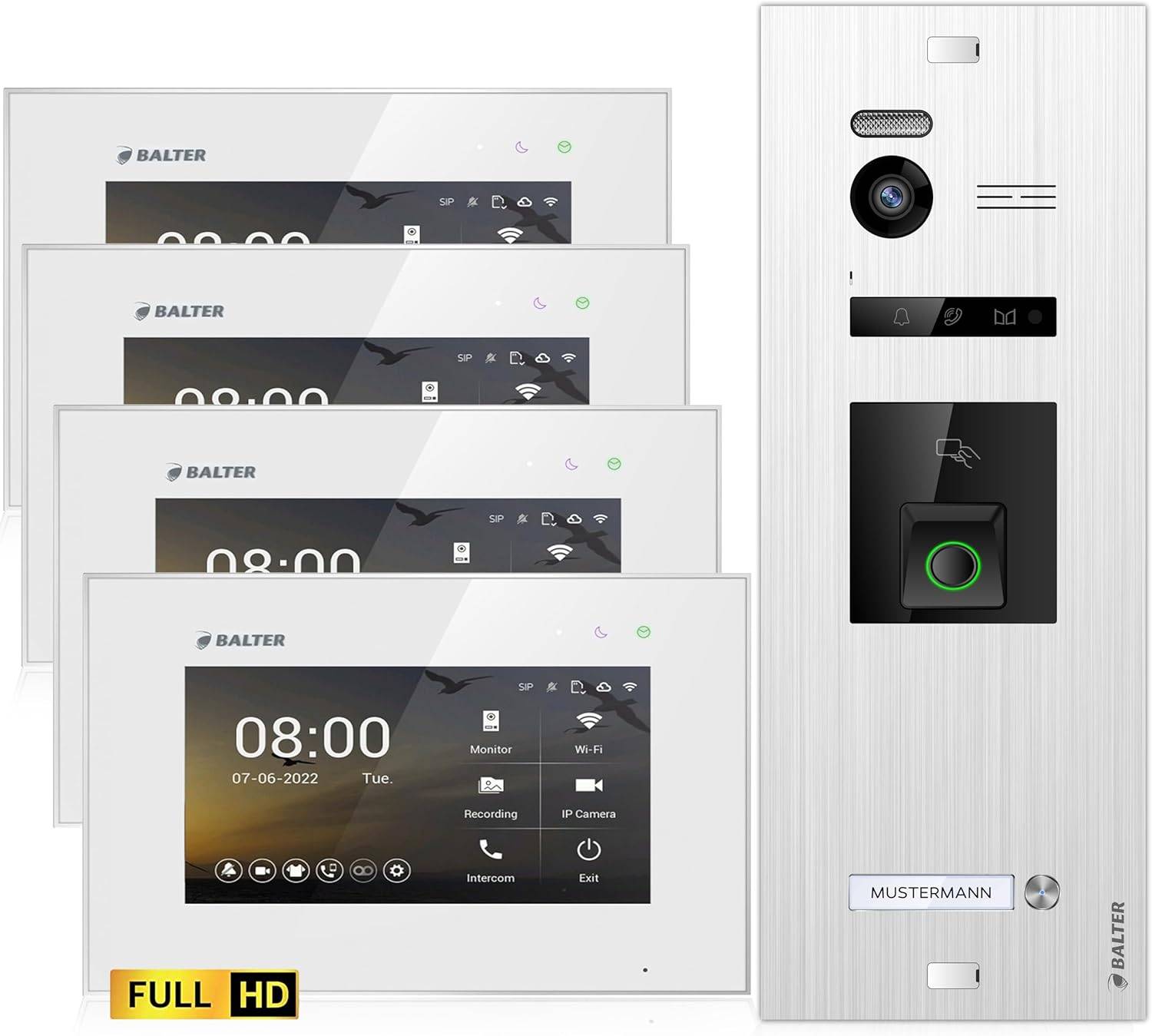 Balter EVO-HD Video Türsprechanlage mit Fingerprint, Video Türklingel, 1 Familienhaus, 4X 7 Zoll Monitore, Türklingel mit Kamera Full HD, 2 Draht