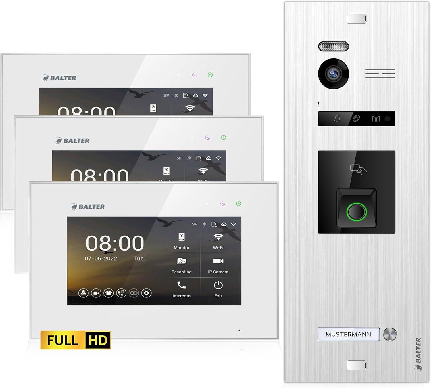 Balter EVO-HD Video Türsprechanlage mit Fingerprint, Video Türklingel, 1 Familienhaus, 3X 7 Zoll Monitore, Türklingel mit Kamera Full HD, 2 Draht