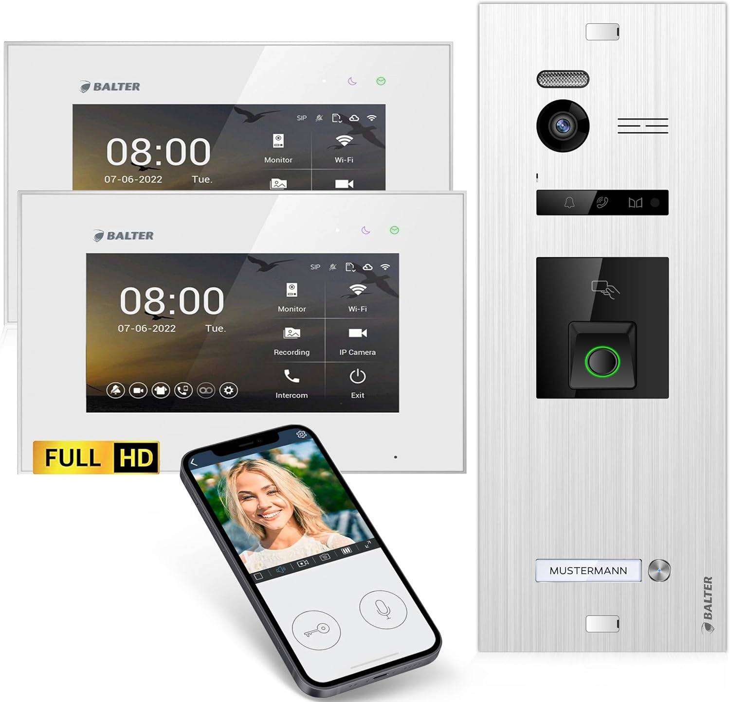 Balter EVO-HD Video Türsprechanlage mit Fingerprint, Video Türklingel, Smartphone App,1 Familienhaus, 2X 7 Zoll Monitore, Türklingel mit Kamera Ful