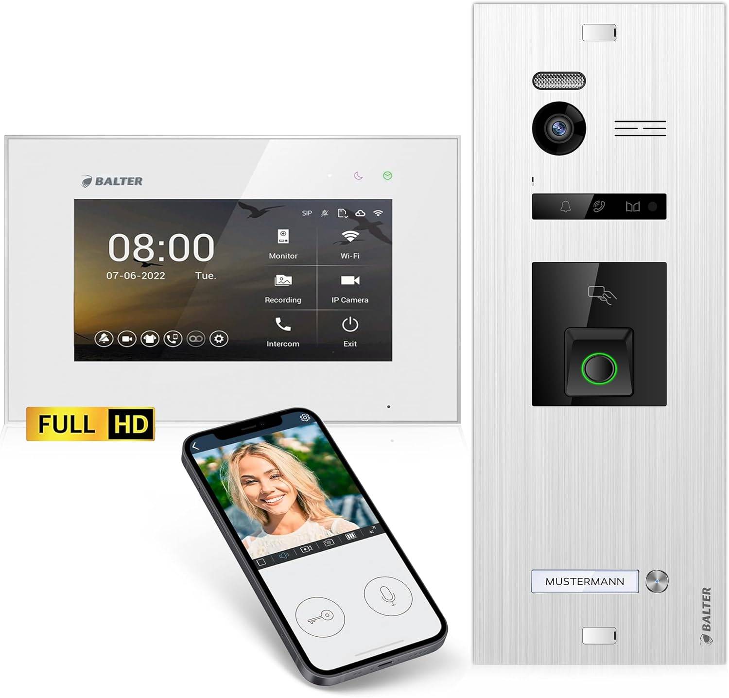 Balter EVO-HD Video Türsprechanlage mit Fingerprint, Video Türklingel, Smartphone App,1 Familienhaus, 1x 7 Zoll Monitore, Türklingel mit Kamera Ful