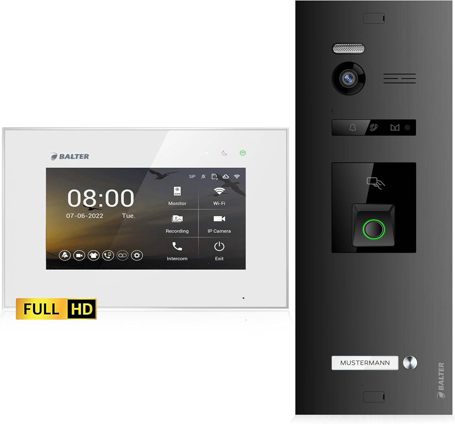 Balter EVO-HD Video Türsprechanlage mit Fingerprint, Video Türklingel, 1 Familienhaus, 1x 7 Zoll Monitore, Türklingel mit Kamera Full HD, 2 Draht