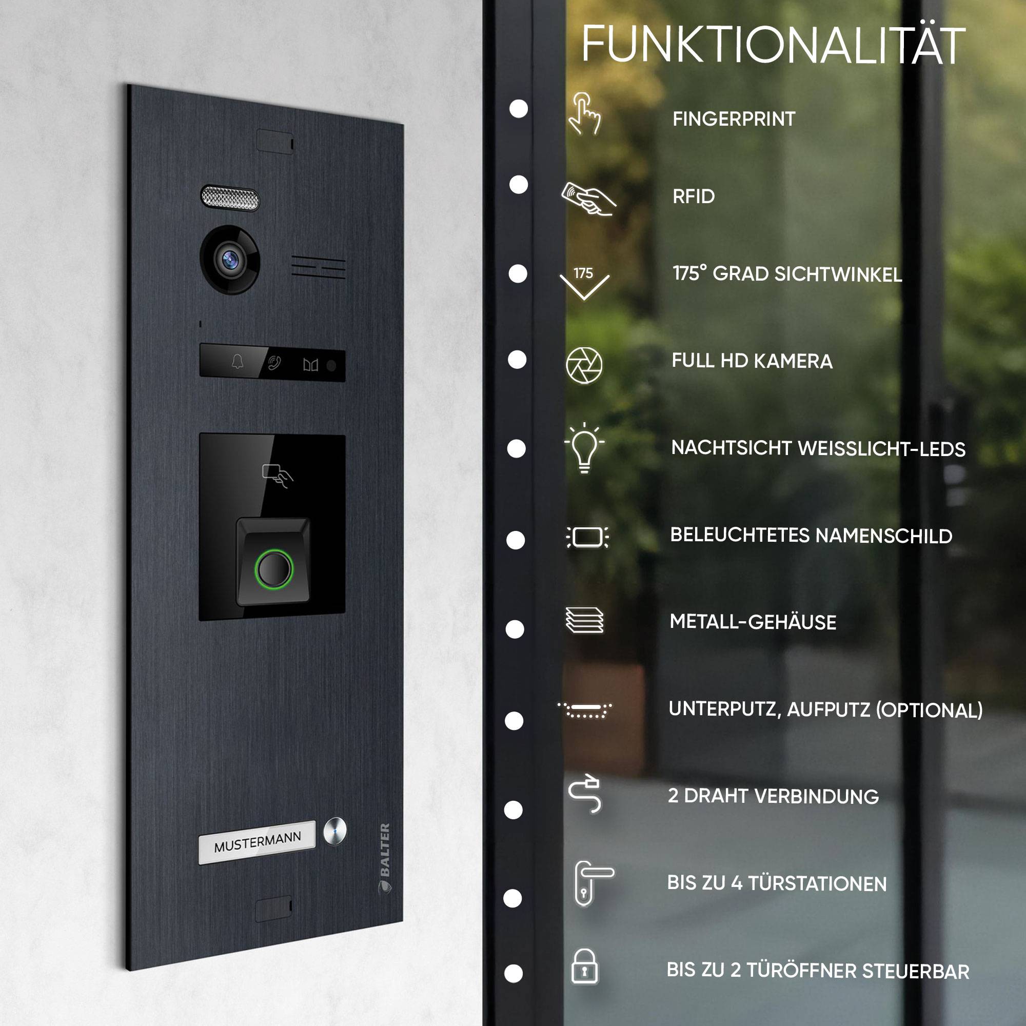 Balter EVO-HD Video Türsprechanlage mit Fingerprint, Video Türklingel, Smartphone App,1 Familienhaus, 2X 7 Zoll Monitore, Türklingel mit Kamera Ful