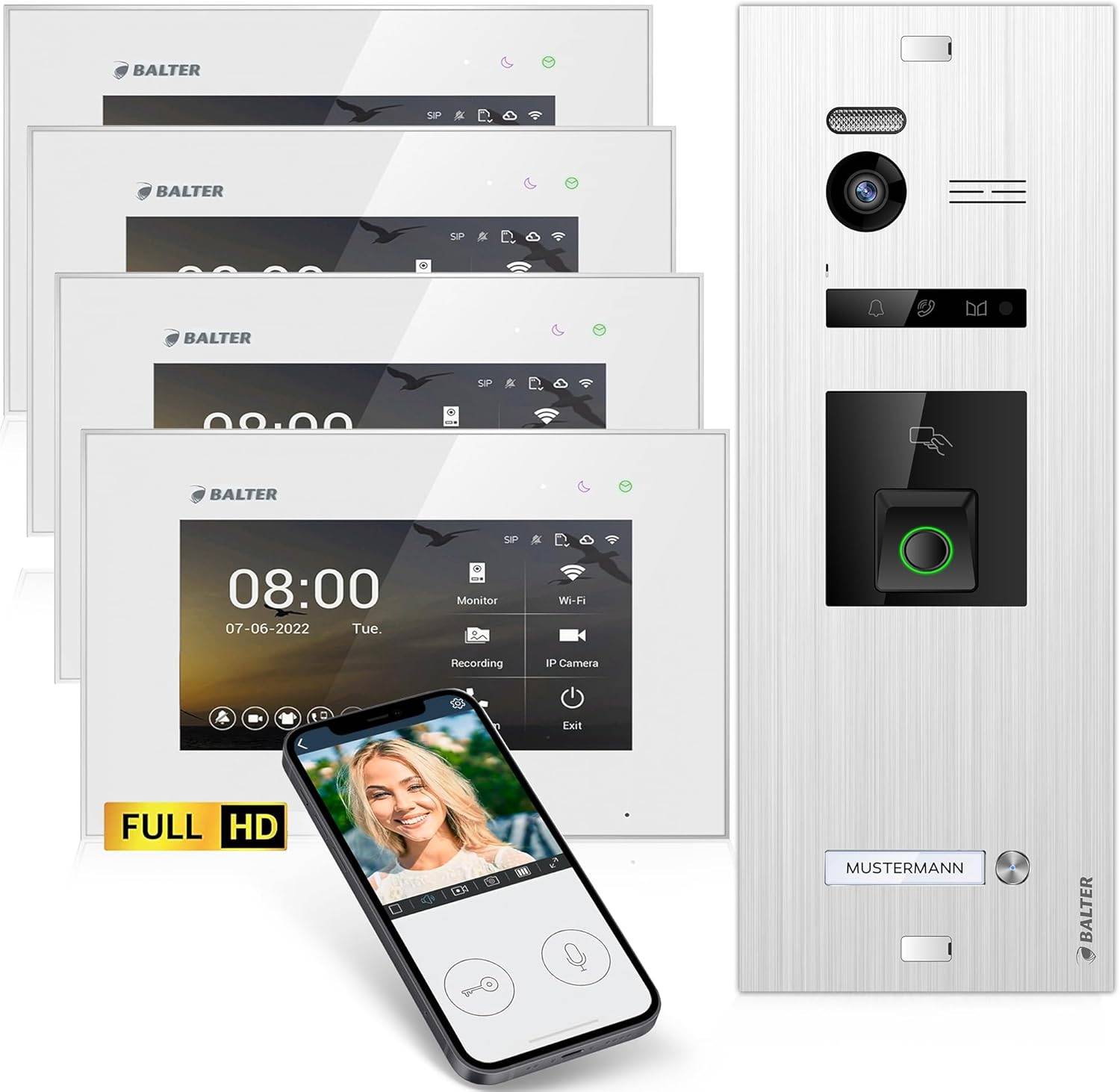 Balter EVO-HD Video Türsprechanlage mit Fingerprint, Video Türklingel, Smartphone App,1 Familienhaus, 4X 7 Zoll Monitore, Türklingel mit Kamera Ful