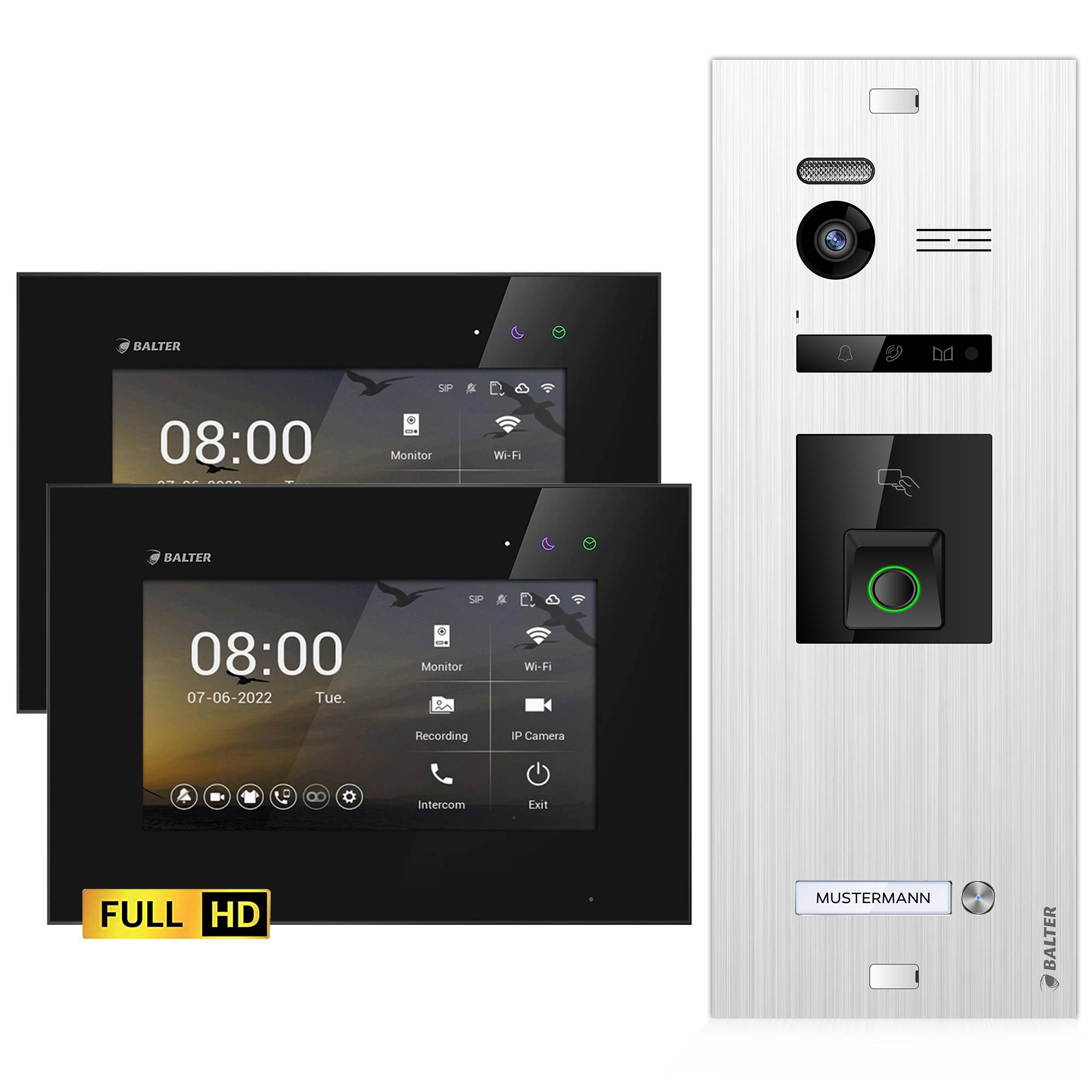 Balter EVO-HD Video Türsprechanlage mit Fingerprint, Video Türklingel, 1 Familienhaus, 2X 7 Zoll Monitore, Türklingel mit Kamera Full HD, 2 Draht