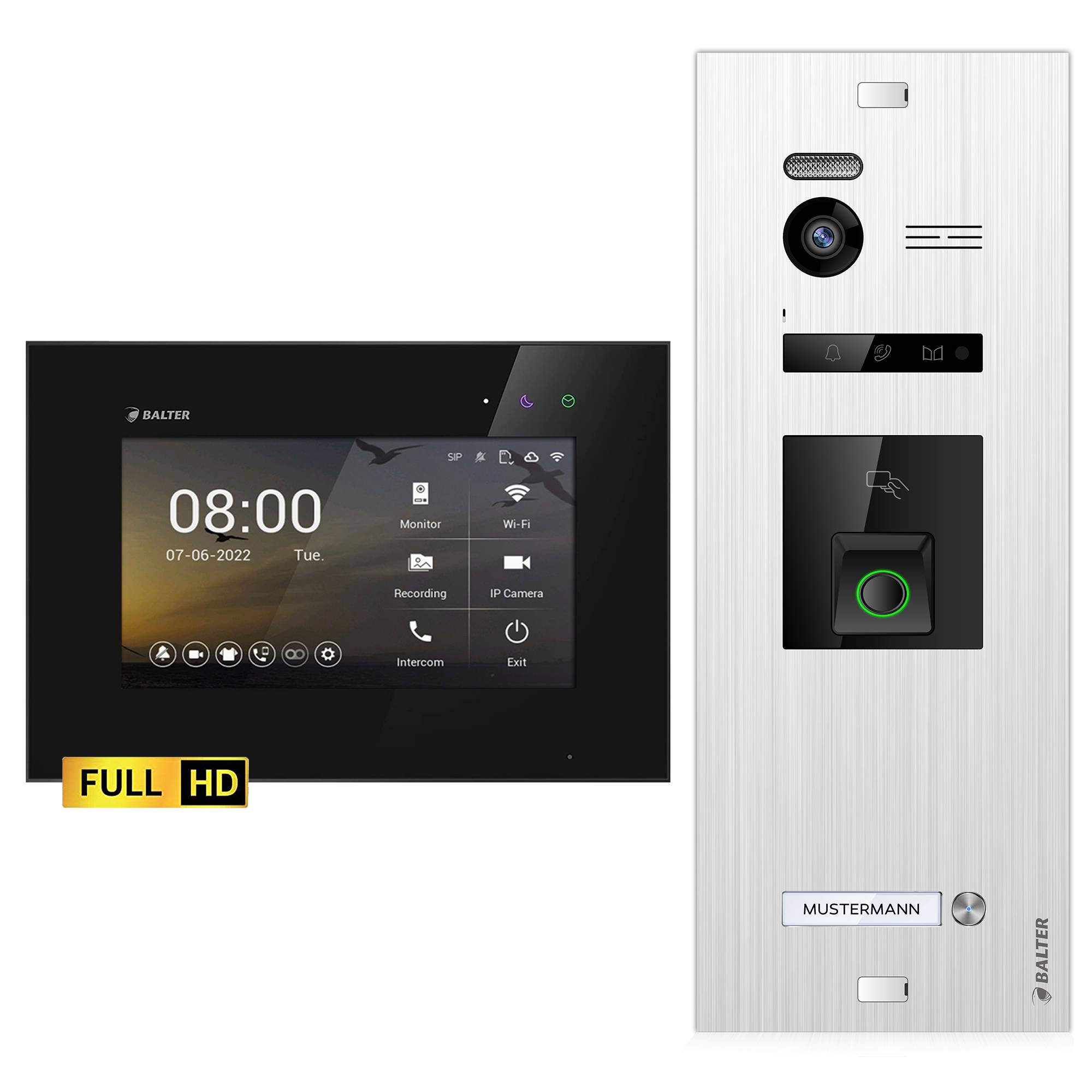 Balter EVO-HD Video Türsprechanlage mit Fingerprint, Video Türklingel, 1 Familienhaus, 1x 7 Zoll Monitore, Türklingel mit Kamera Full HD, 2 Draht