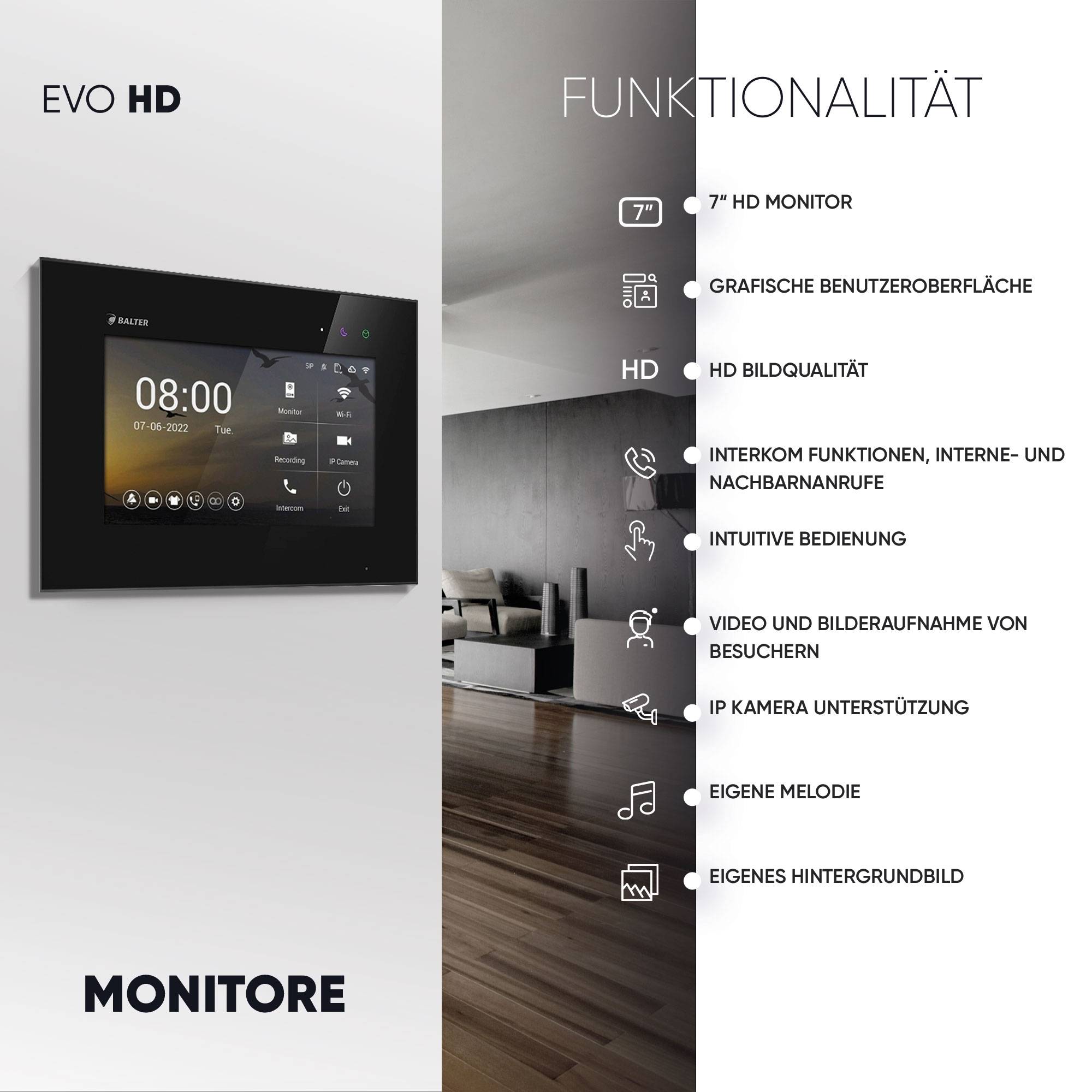 Balter EVO-HD Video Türsprechanlage mit Fingerprint, Video Türklingel, 1 Familienhaus, 1x 7 Zoll Monitore, Türklingel mit Kamera Full HD, 2 Draht