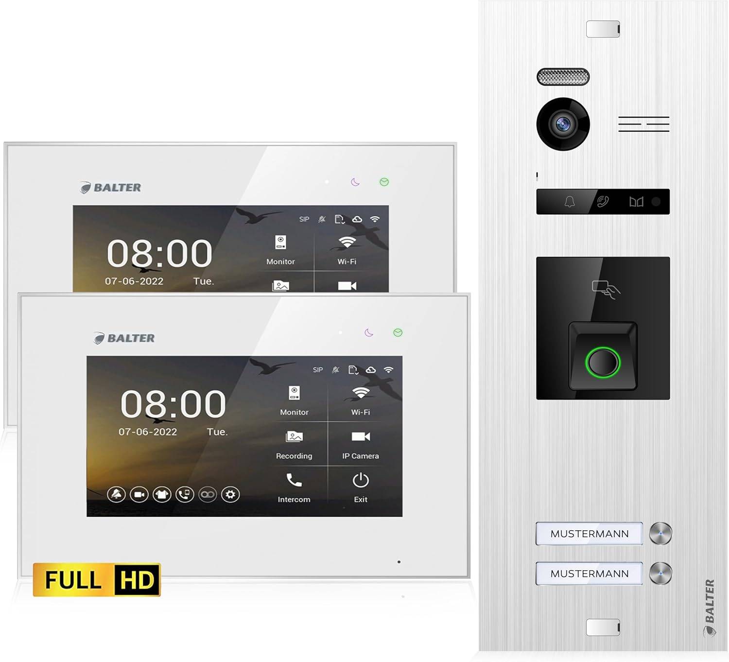 Balter EVO-HD Video Türsprechanlage mit Fingerprint, Video Türklingel, 2 Familienhaus, 2X 7 Zoll Monitore, Türklingel mit Kamera Full HD, 2 Draht