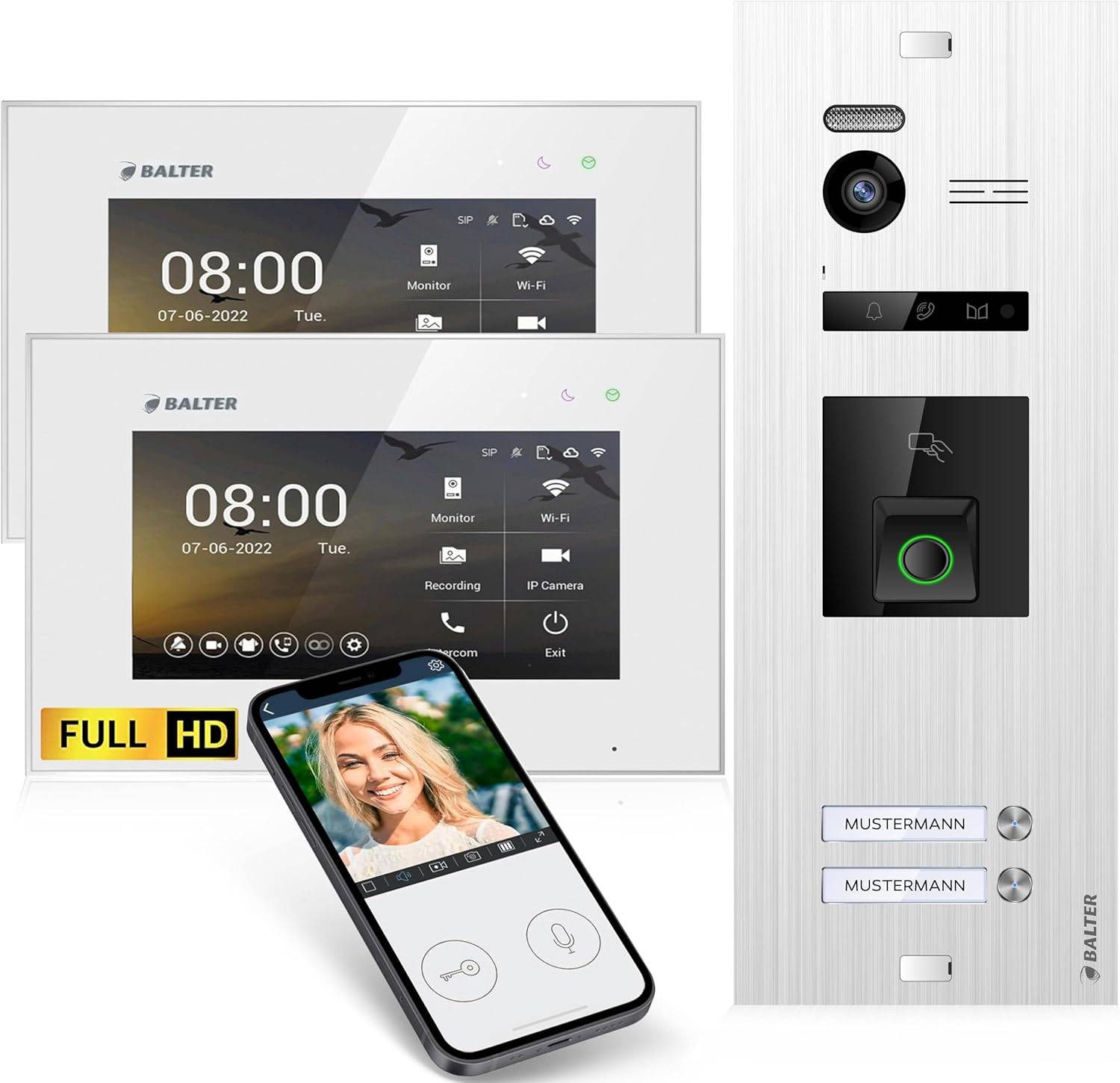 Balter EVO-HD Video Türsprechanlage mit Fingerprint, Video Türklingel, Smartphone App, 2 Familienhaus, 2X 7 Zoll Monitore, Türklingel mit Kamera Fu