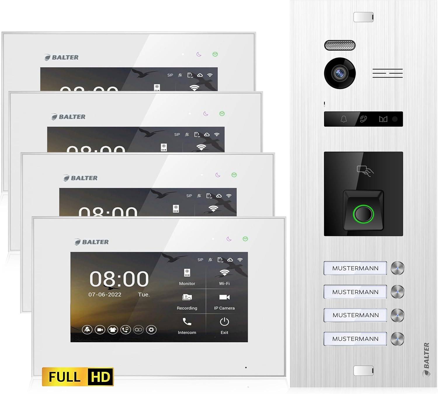 Balter EVO-HD Video Türsprechanlage mit Fingerprint, Video Türklingel, 4 Familienhaus, 3X 7 Zoll Monitore, Türklingel mit Kamera Full HD, 2 Draht