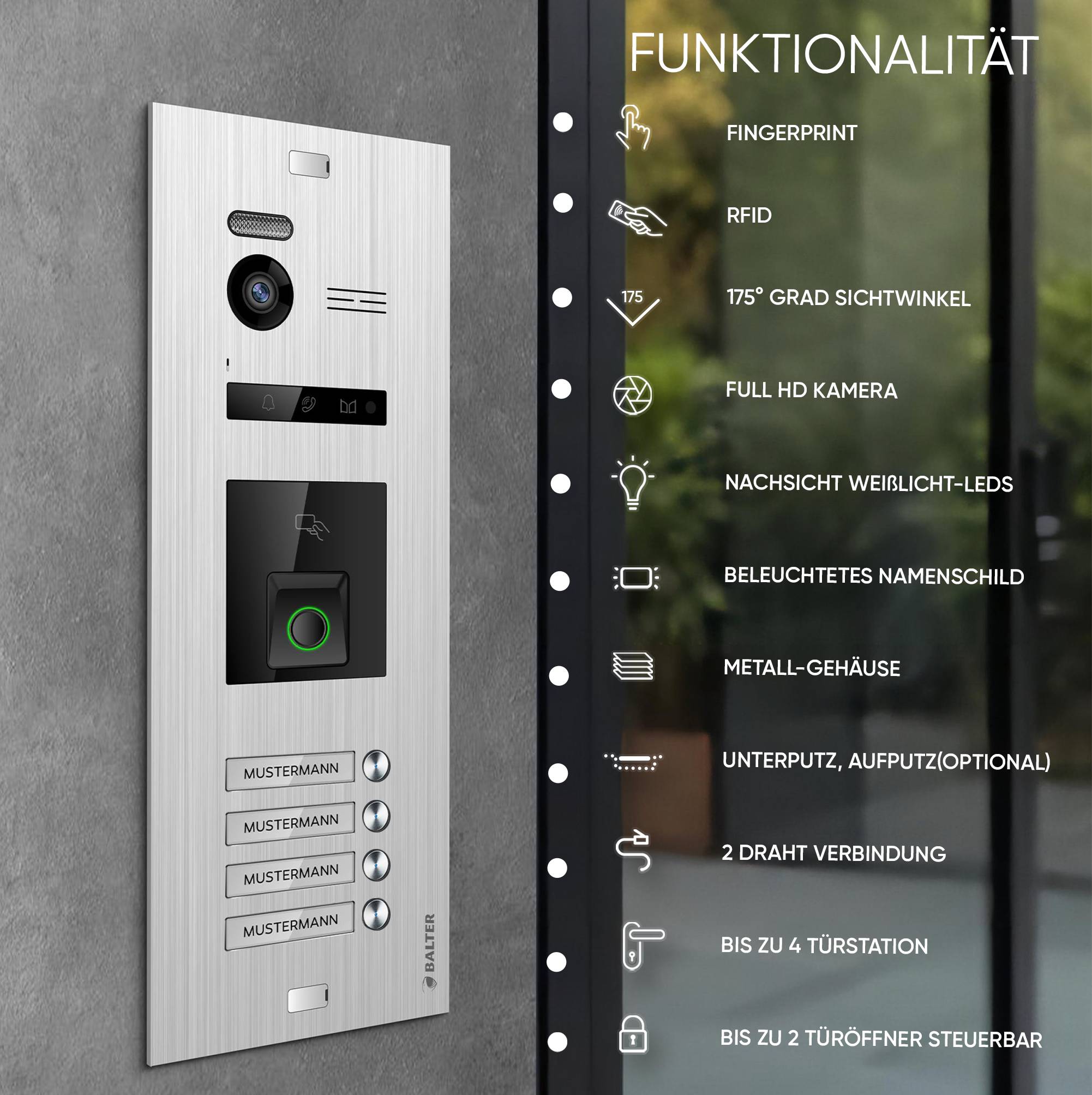 Balter EVO-HD Video Türsprechanlage mit Fingerprint, Video Türklingel, 4 Familienhaus, 3X 7 Zoll Monitore, Türklingel mit Kamera Full HD, 2 Draht