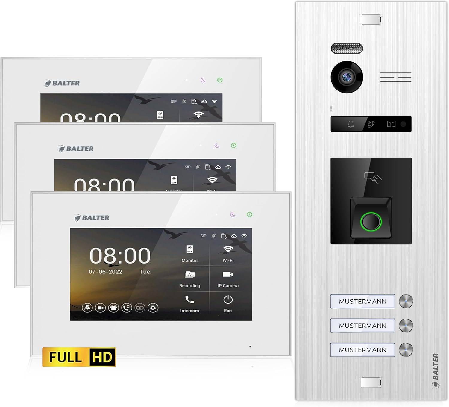 Balter EVO-HD Video Türsprechanlage mit Fingerprint, Video Türklingel, 3 Familienhaus, 2X 7 Zoll Monitore, Türklingel mit Kamera Full HD, 2 Draht