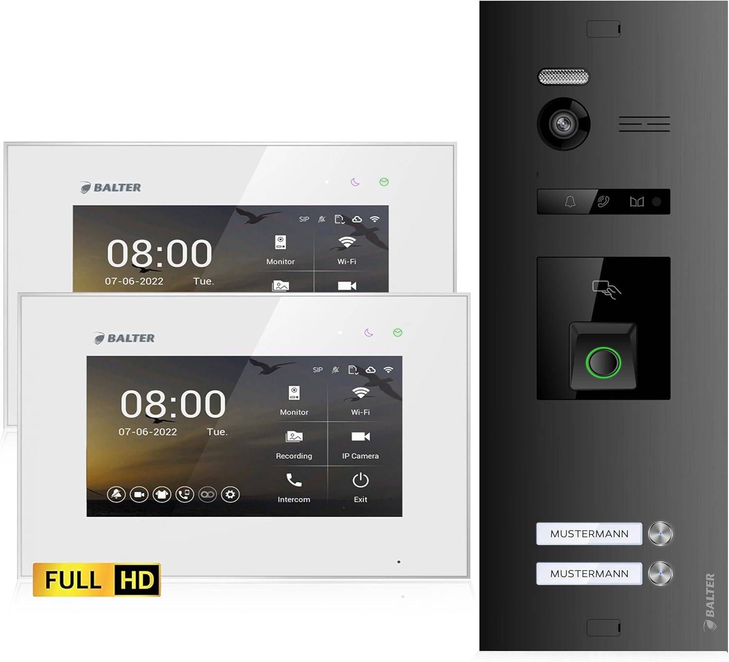 Balter EVO-HD Video Türsprechanlage mit Fingerprint, Video Türklingel, 2 Familienhaus, 1x 7 Zoll Monitore, Türklingel mit Kamera Full HD, 2 Draht