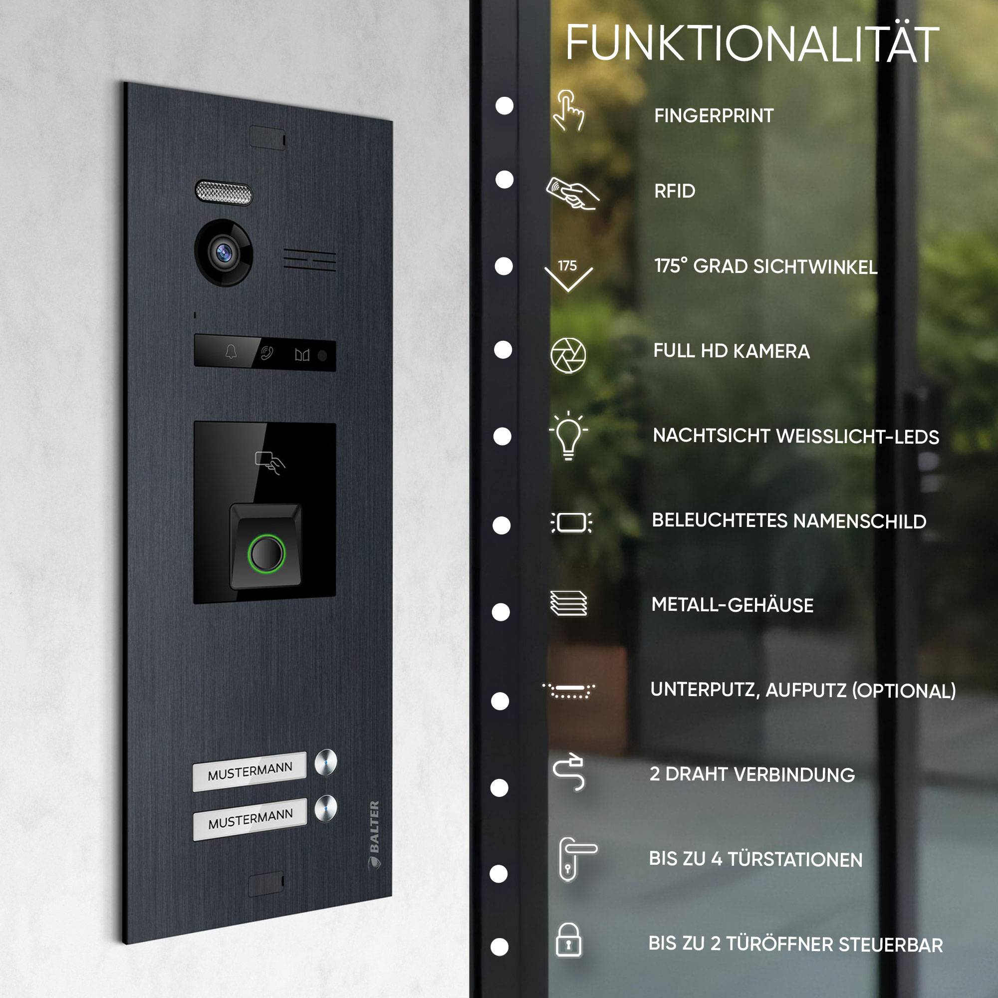 HD Video Türsprechanlage mit Fingerprint und RFID für 3 Familienhaus, 3x Monitore, Balter EVO HD Fingerprint