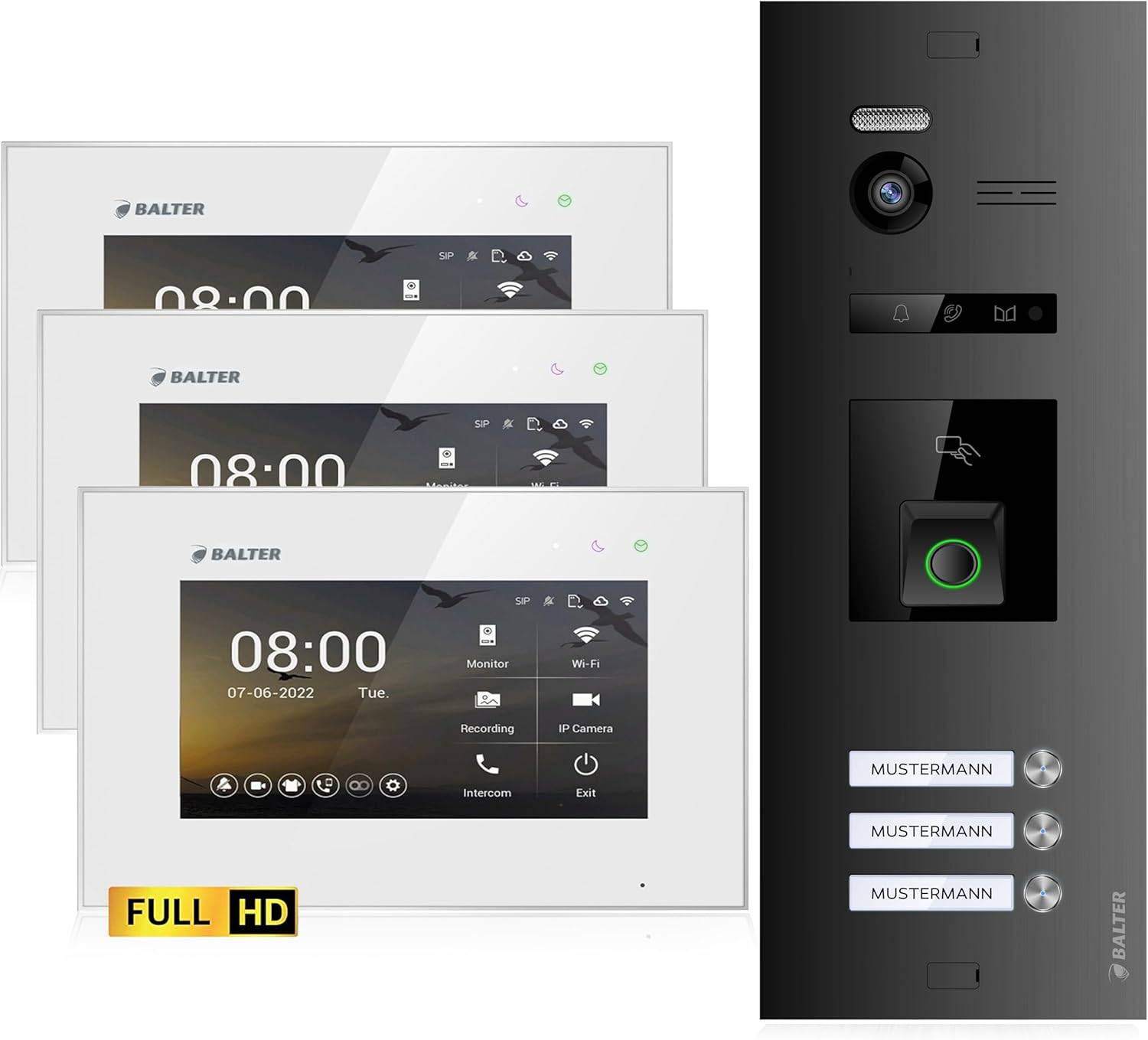 Balter EVO-HD Video Türsprechanlage mit Fingerprint, Video Türklingel, 3 Familienhaus, 2X 7 Zoll Monitore, Türklingel mit Kamera Full HD, 2 Draht