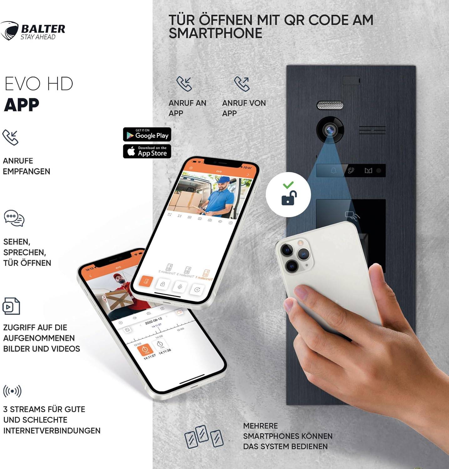 Balter EVO-HD Video Türsprechanlage mit Fingerprint, Video Türklingel, Smartphone App, 4 Familienhaus, 4X 7 Zoll Monitore, Türklingel mit Kamera Fu