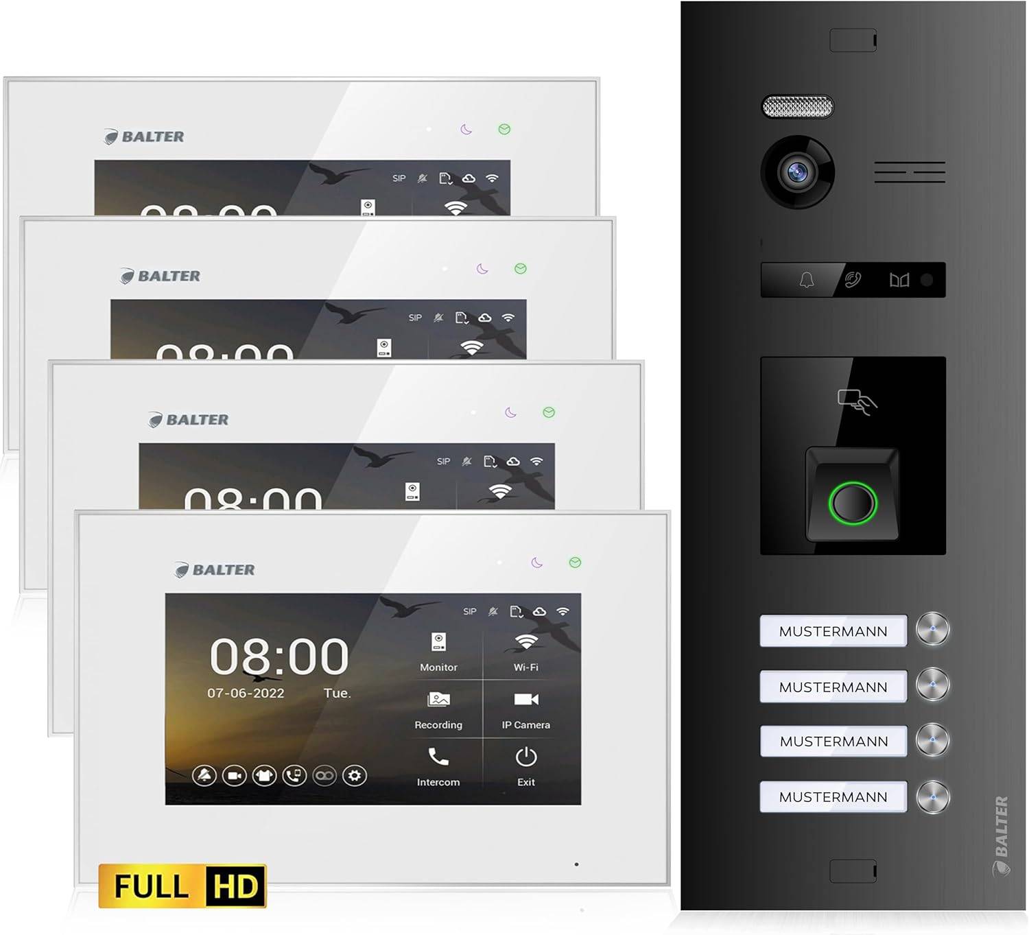 Balter EVO-HD Video Türsprechanlage mit Fingerprint, Video Türklingel, 4 Familienhaus, 3X 7 Zoll Monitore, Türklingel mit Kamera Full HD, 2 Draht