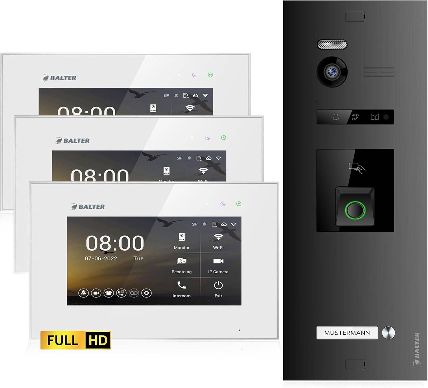 Balter EVO-HD Video Türsprechanlage mit Fingerprint, Video Türklingel, 1 Familienhaus, 2X 7 Zoll Monitore, Türklingel mit Kamera Full HD, 2 Draht