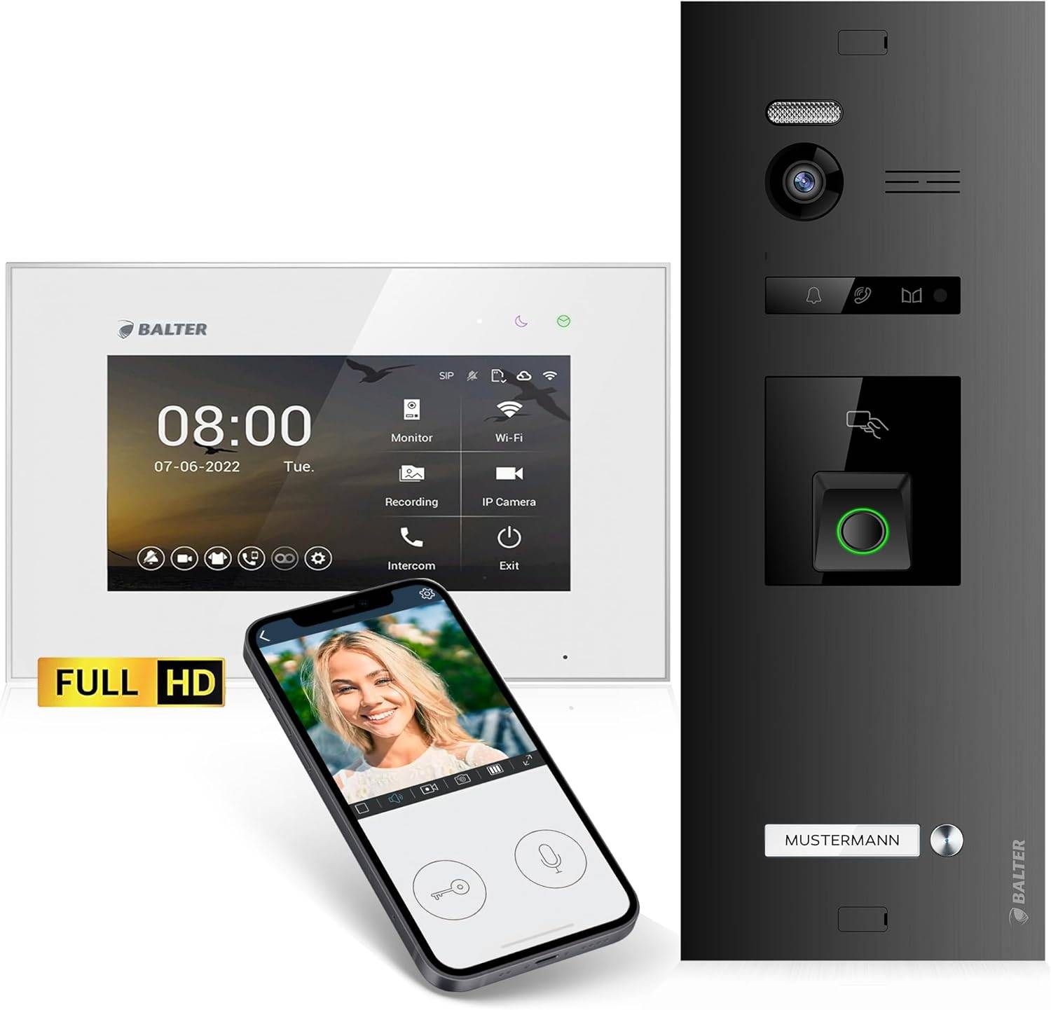 Balter EVO-HD Video Türsprechanlage mit Fingerprint, Video Türklingel, Smartphone App,1 Familienhaus, 1x 7 Zoll Monitore, Türklingel mit Kamera Ful