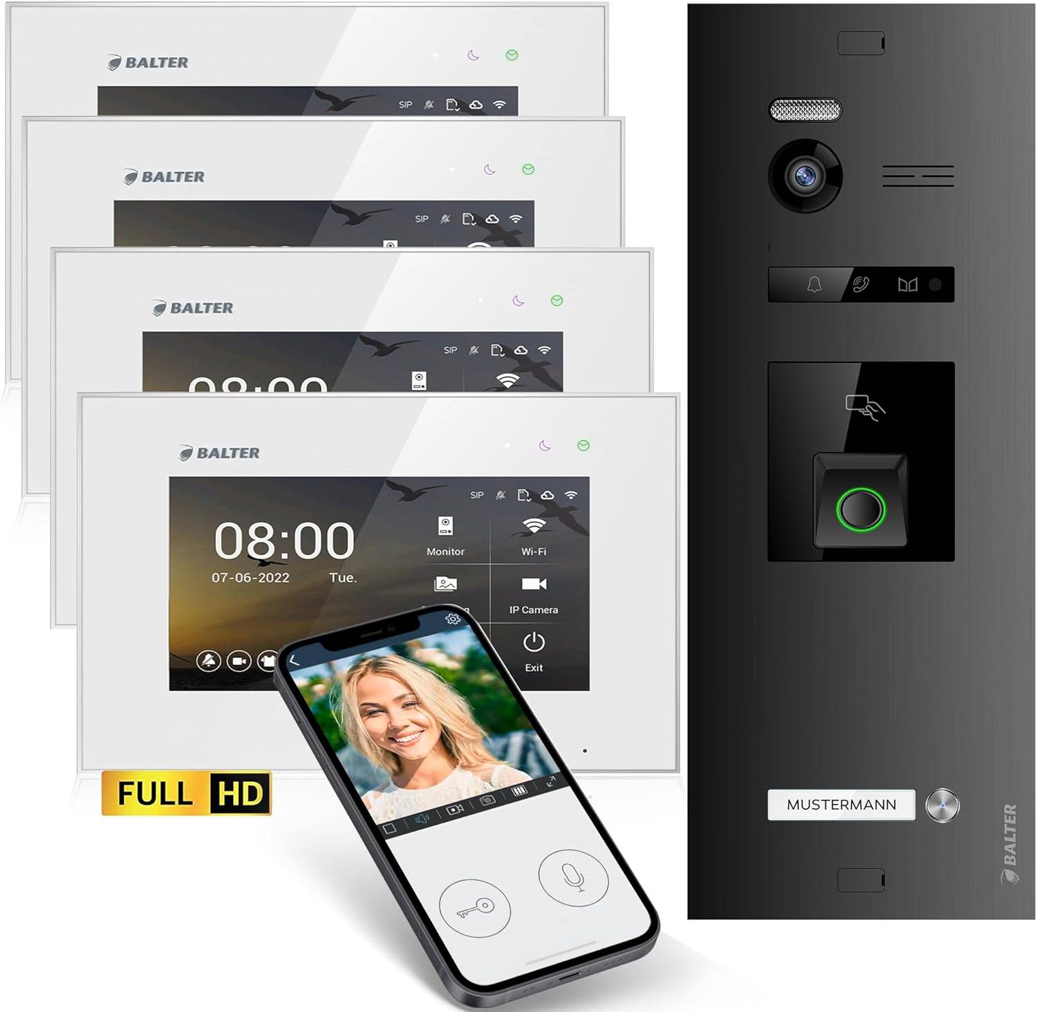 Balter EVO-HD Video Türsprechanlage mit Fingerprint, Video Türklingel, Smartphone App,1 Familienhaus, 4X 7 Zoll Monitore, Türklingel mit Kamera Ful