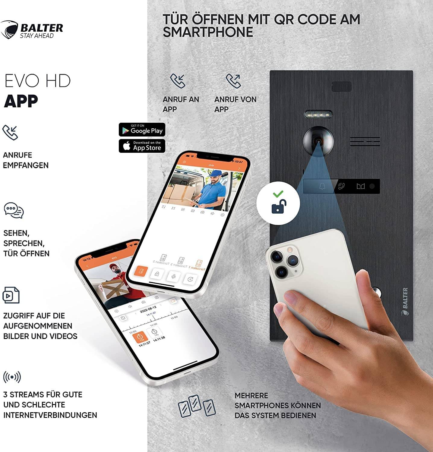 Balter EVO-HD Video Türsprechanlage, Video Türklingel mit Kamera, Smartphone App, 1 Familienhaus Klingel, 3X 7 Zoll HD Monitore, Full HD-Kamera, 2