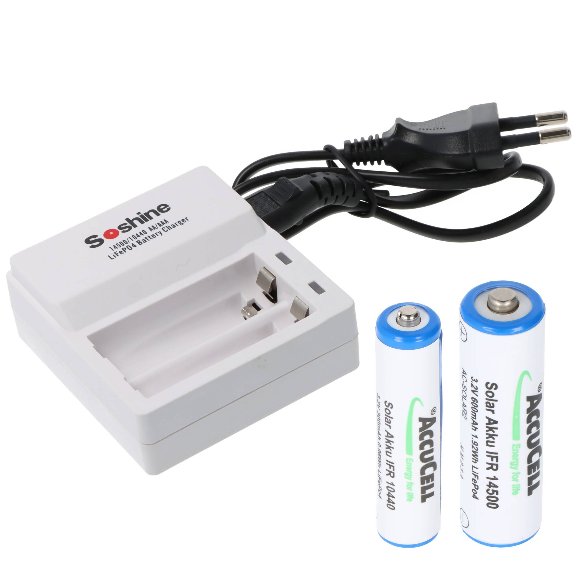 Ladegerät für LiFePO4 IFR 3,2 Volt Akkus, nur Akkus mit 3,2V ladbar, mit 2 Ladeschächten, für 14500, 10440 und AAA, AA A