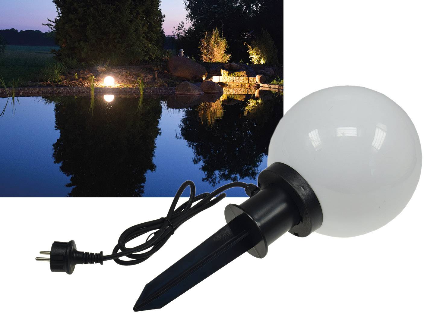 ChiliTec Garten Kugelleuchte Erdspieß CT-GL20cm IP44, 230V, 1,5m Kabel, E27 Fassung