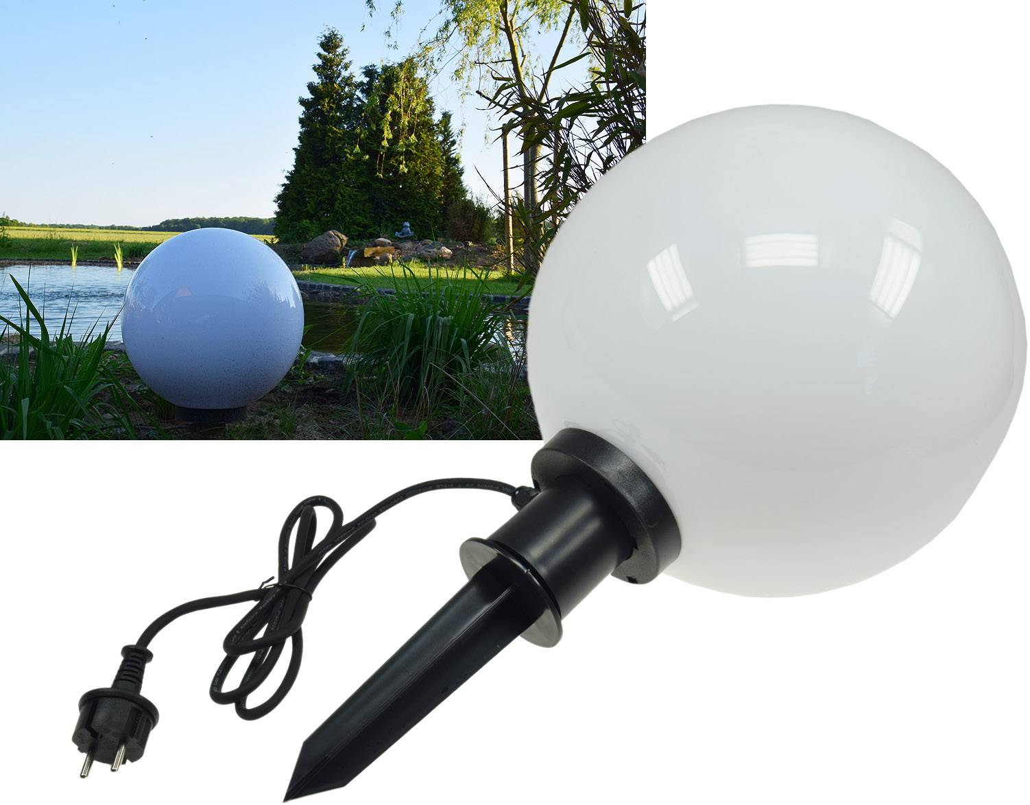 ChiliTec 22314 Garten Kugelleuchte Erdspieß "CT-GL30cm" IP44, 230V, 1,5m Kabel, E27 Fassung