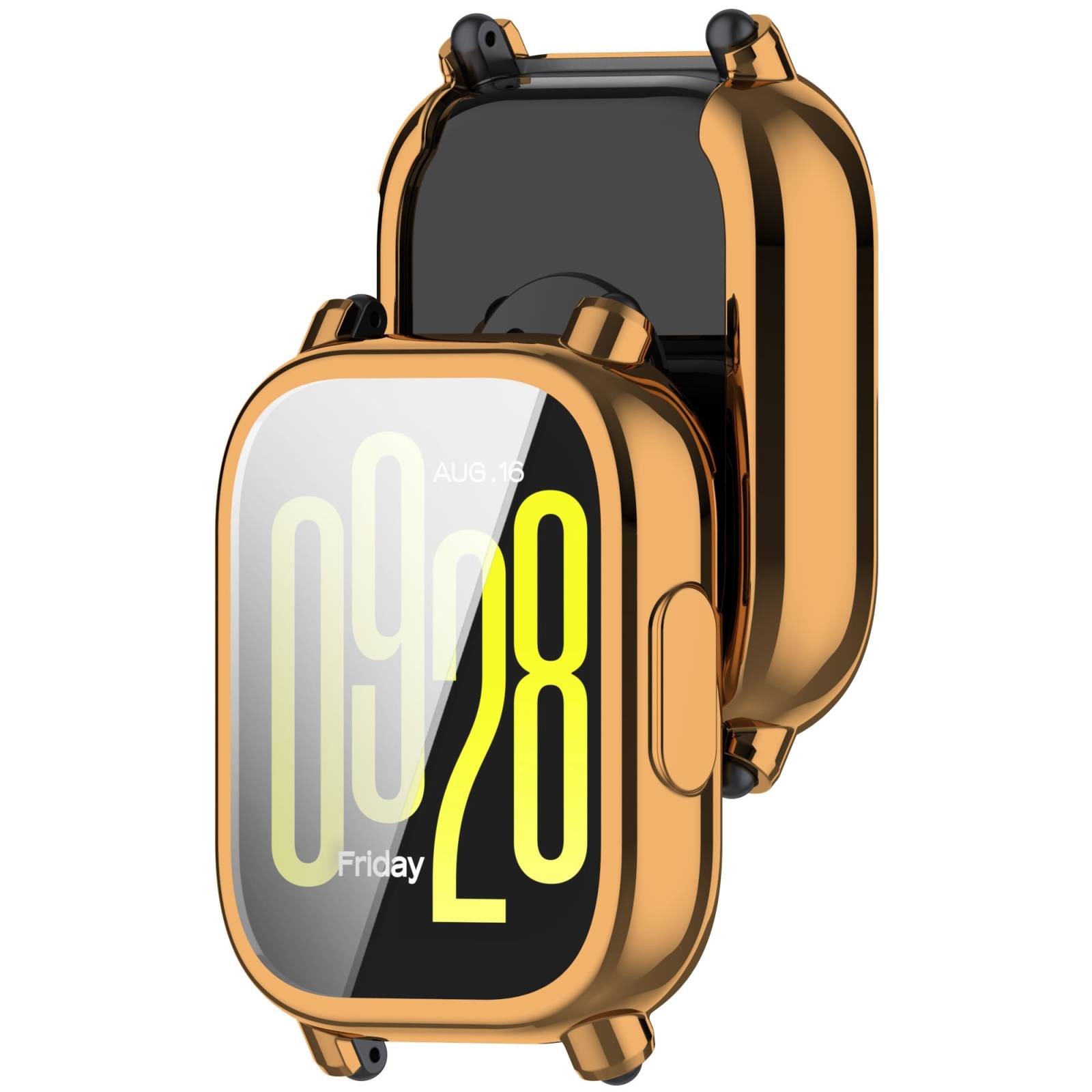 Goldene rechteckige Smartwatch mit schwarzem Bildschirm, der 09:28 Uhr, Freitag und 5. August anzeigt, von vorne und hinten betrachtet.