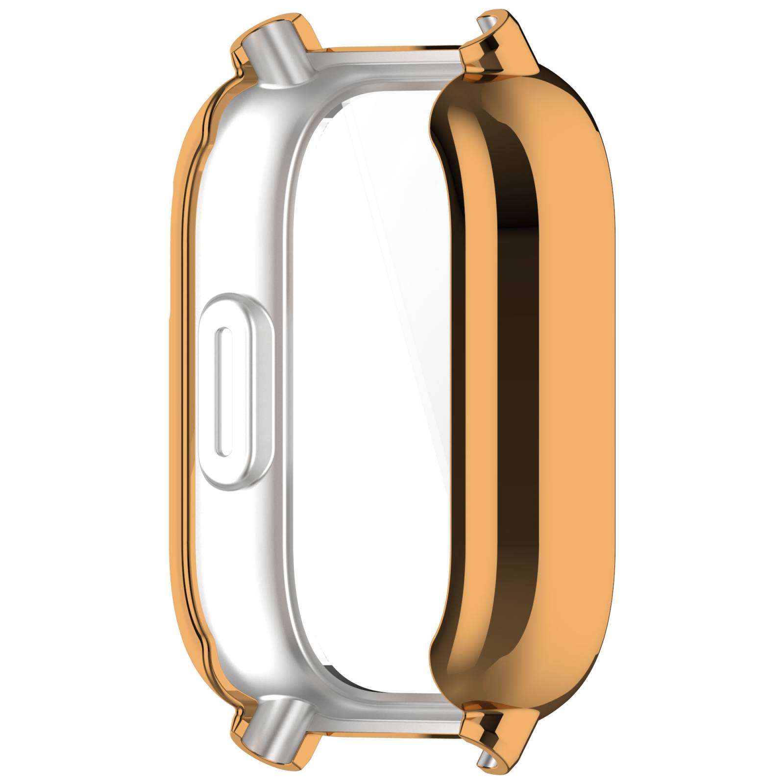 3D-Rendering eines gold- und silberfarbenen Smartwatch-Gehäuserahmens mit Bandanstößen, isoliert auf weißem Hintergrund dargestellt.