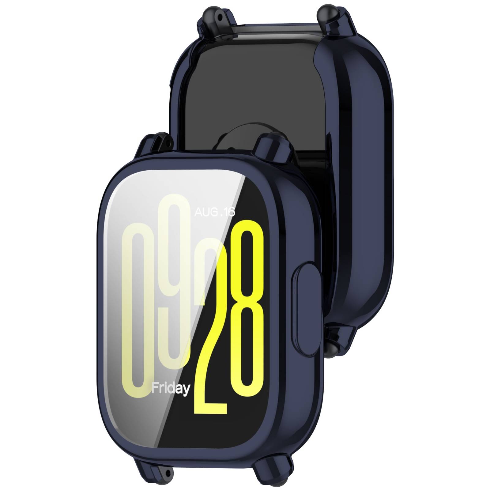 Dunkelblue Smartwatch mit schwarzem Display, das das Datum „AUG 28