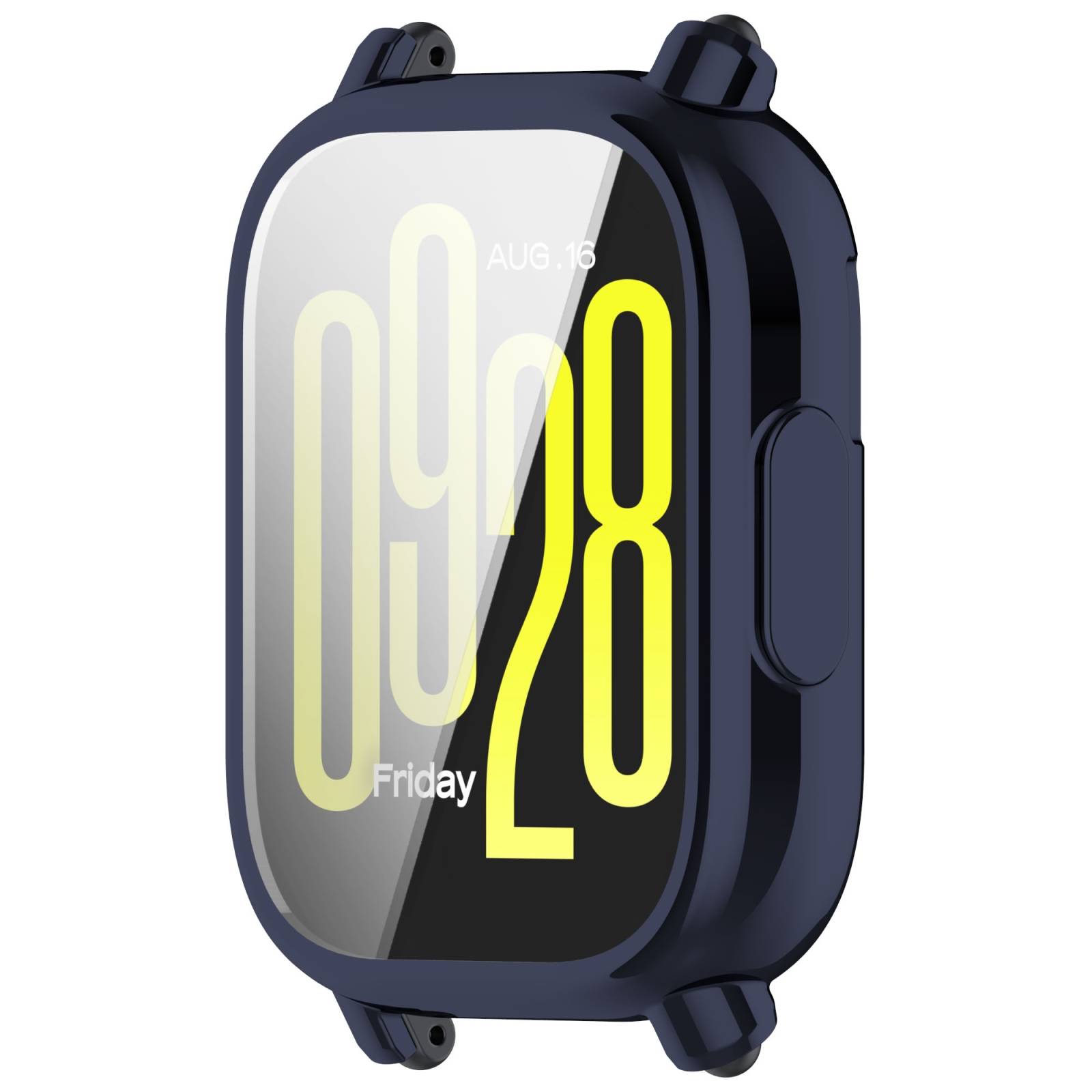 Dunkelblauwe rechteckige Smartwatch mit glänzendem Bildschirm, auf dem die Uhrzeit 09:28, 