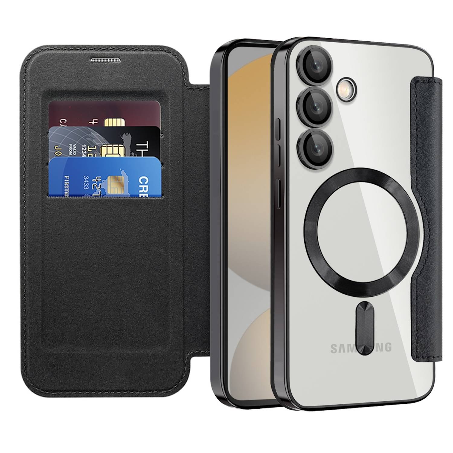 Für Samsung Galaxy S24 FE 360 Grad Full Body Magsafe RFID Anti Datenklau Kunst Leder Hülle Tasche Schwarz